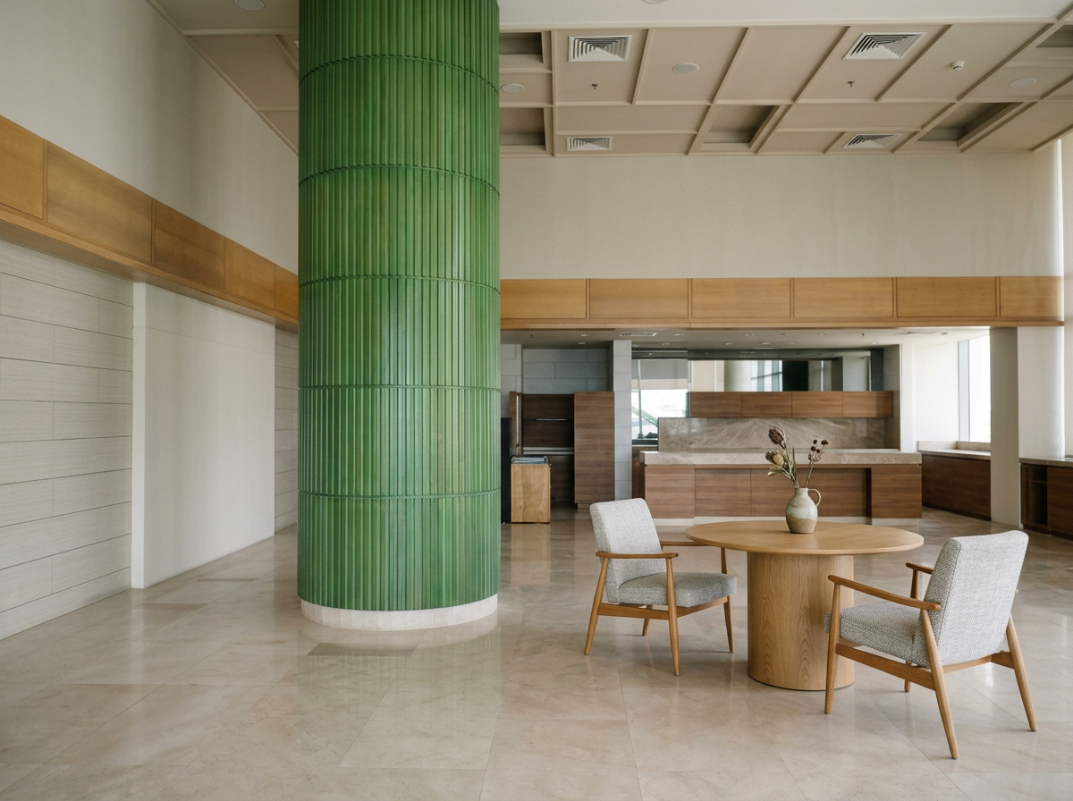 A modern interior space with a large green cylindrical column, a round wooden table with two upholstered chairs, a vase with dried flowers, and a background of wood-paneled walls and windows.
