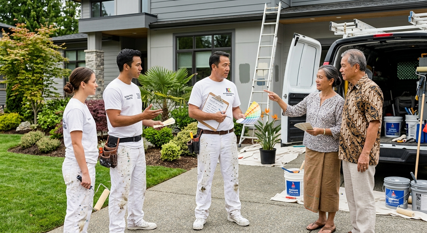 Group of five people discussing home painting project outside house, with painting supplies and a ladder nearby.