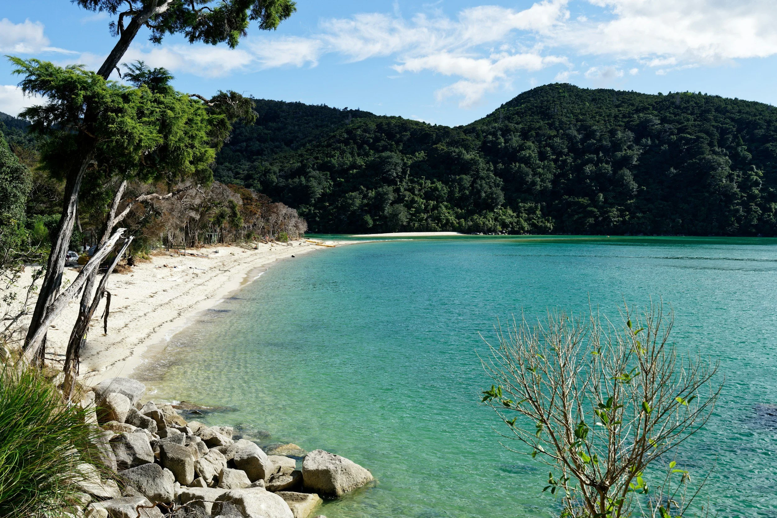 A scenic view of a beach with clear turquoise water and white sand. There are trees leaning over the beach and green forested hills in the background under a blue sky with some clouds.