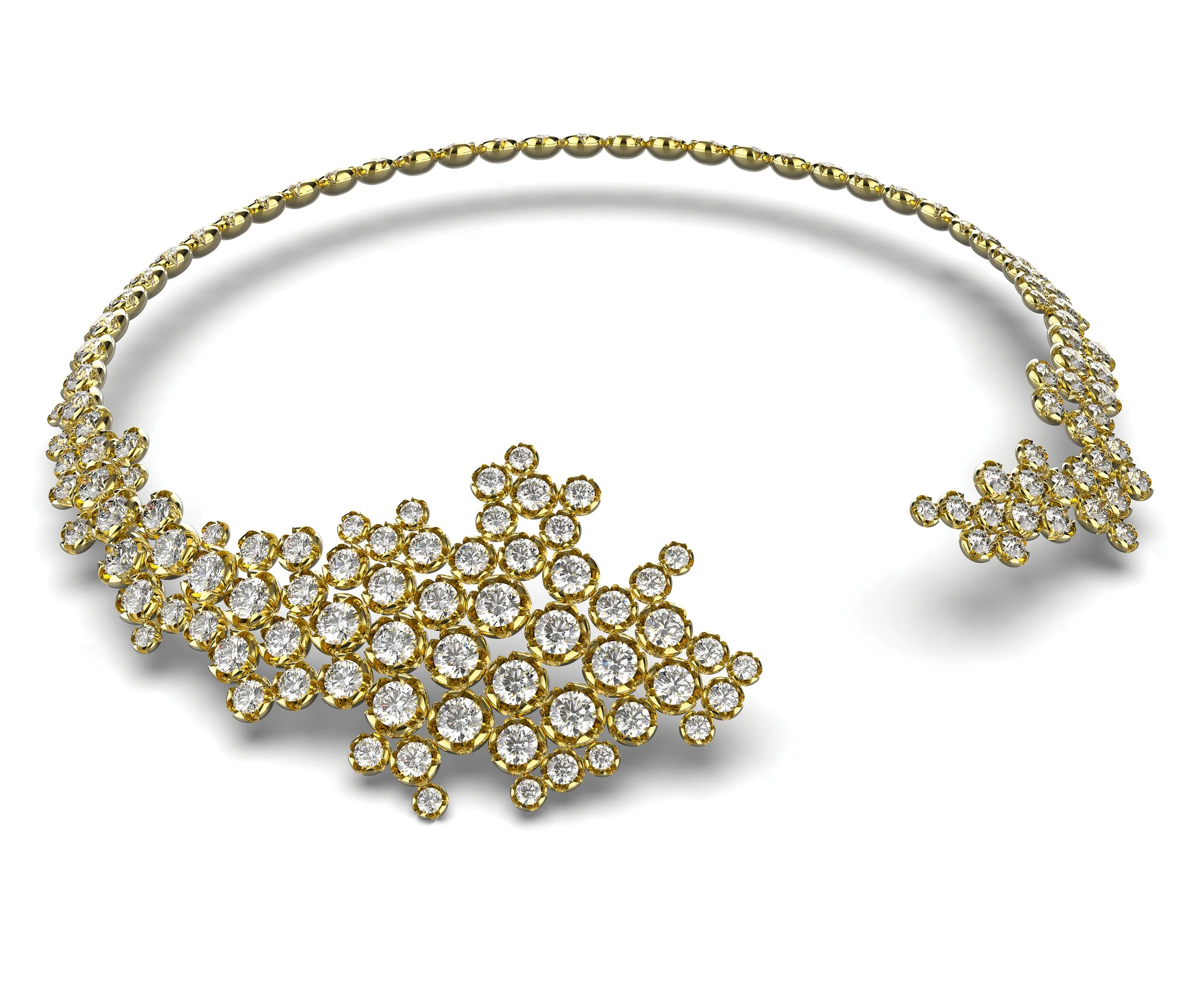 Gold and diamond jewelry set, including a necklace, earrings, and bracelet, decorated with numerous sparkling diamonds on a white background.