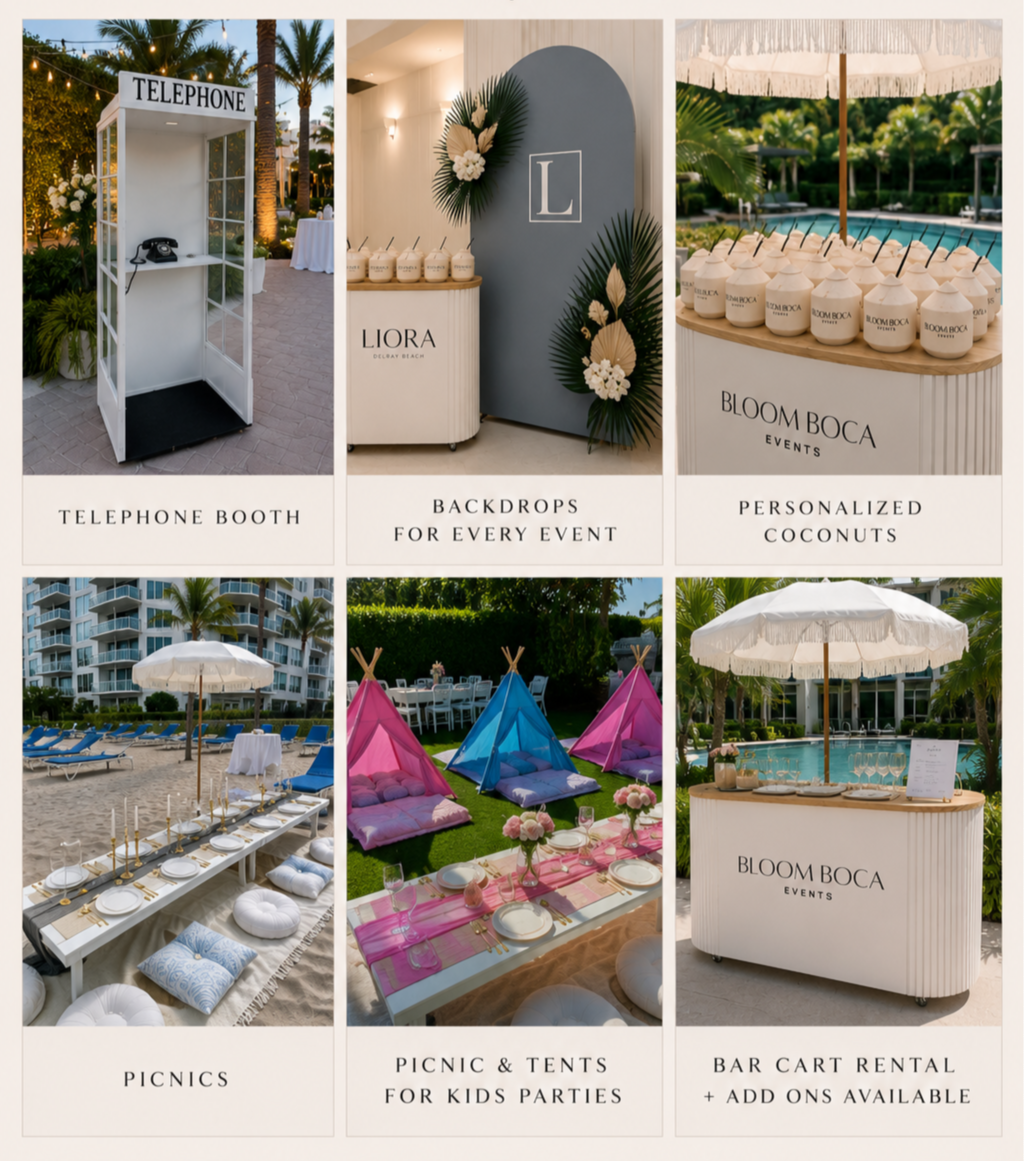 A collage of six images showing event setups at a tropical resort, including a telephone booth, photo backdrops, personalized coconuts, beach picnic area, kids' party tents, and a bar cart rental.