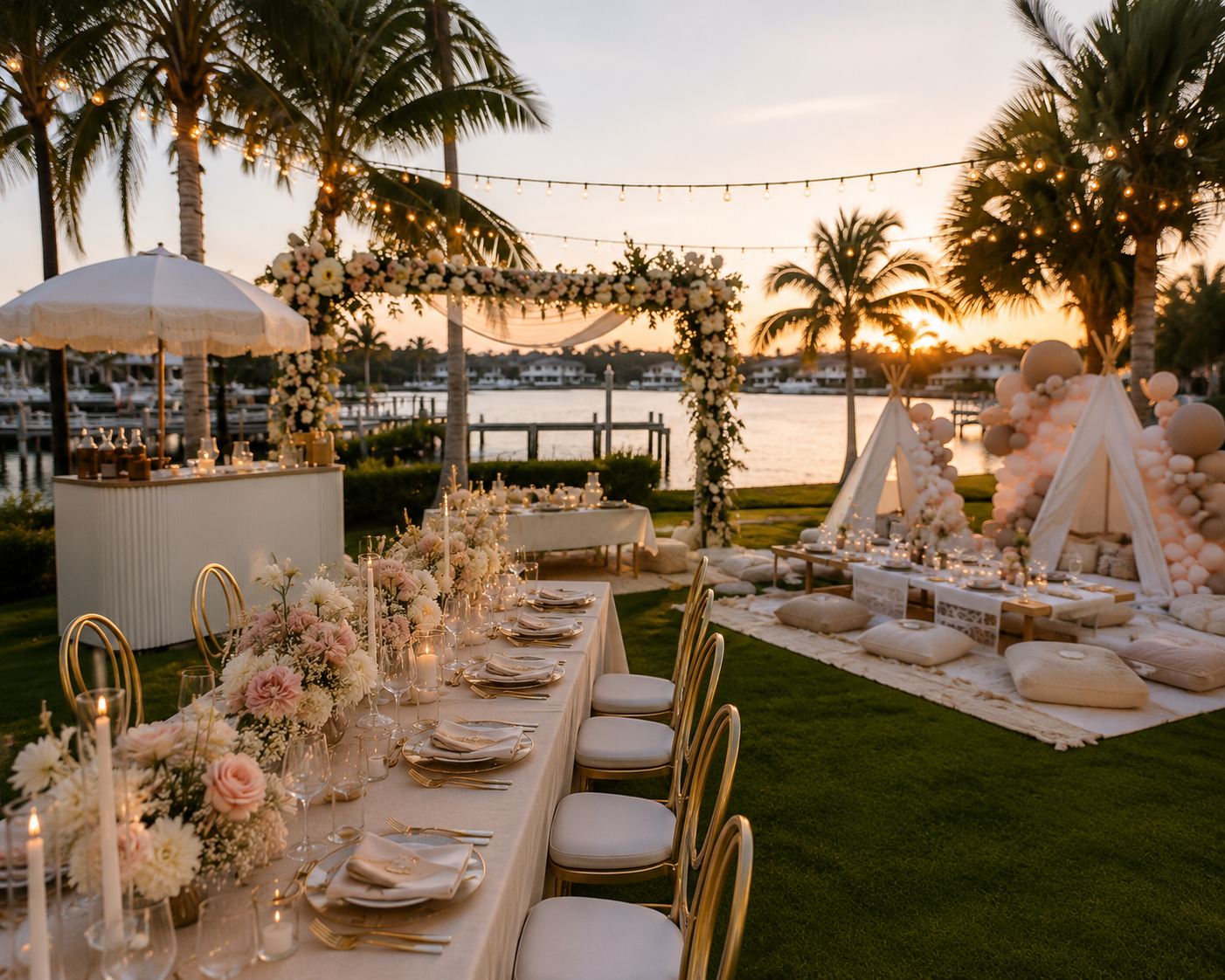 Elegant outdoor wedding setup near water at sunset with decorated tents, balloons, string lights, floral arrangements, and a long dining table with candles.