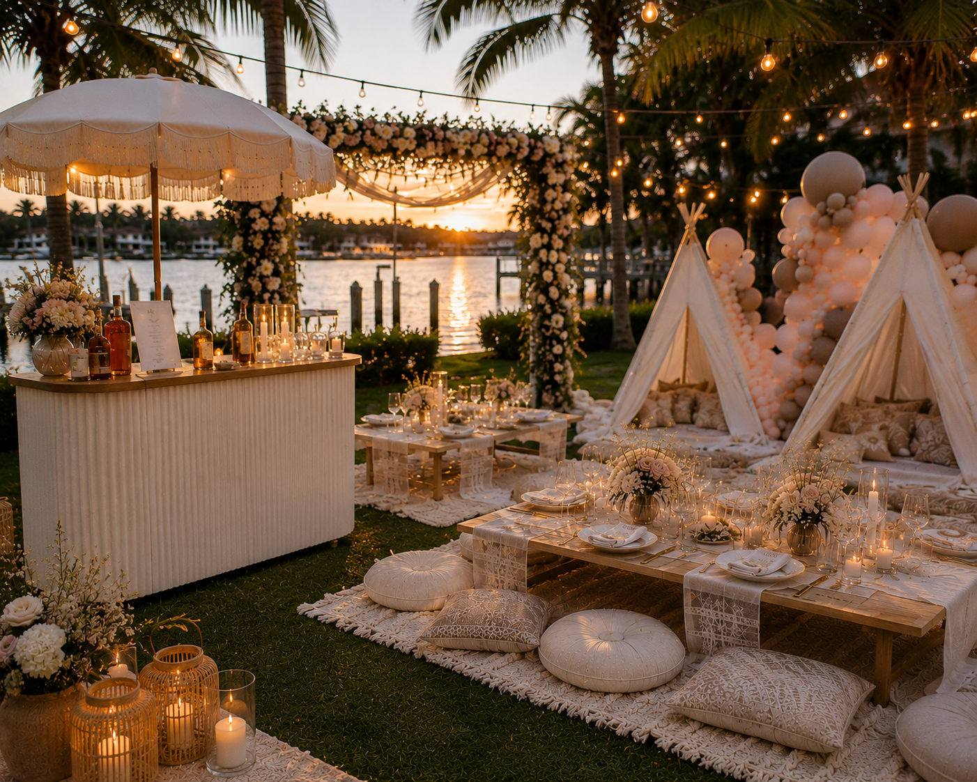 Elegant outdoor wedding reception area with string lights, balloon decorations, and a waterfront view during sunset. Includes decorated tables, cushions, floral arrangements, candles, and a white canopy tent.