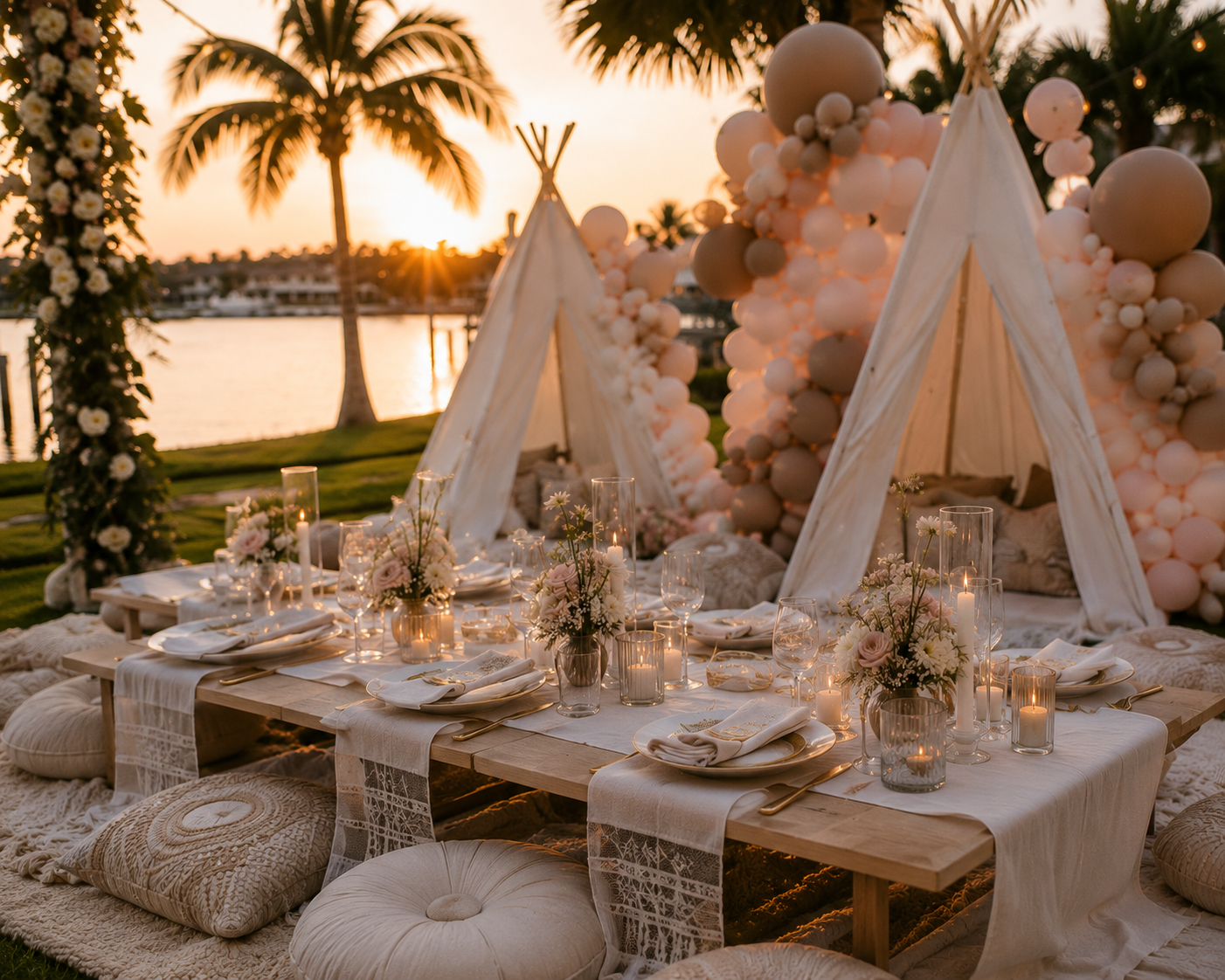 Elegant outdoor dining setup by a river with tipis, balloons, flowers, candles, and cushions at sunset.
