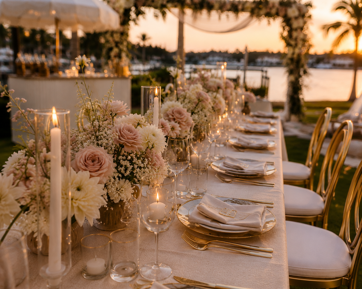 An elegant outdoor dinner table setup at sunset with floral centerpieces, candles, and fine china, overlooking a body of water with trees in the background.