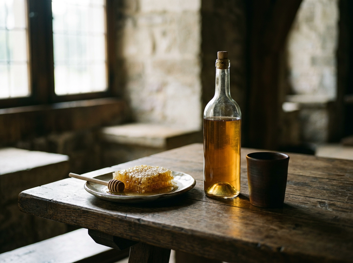 A rustic wooden table holds a plate of honeycomb with a honey dipper, a bottle of honey, and a dark cup inside a cozy, stone-walled room with large windows.