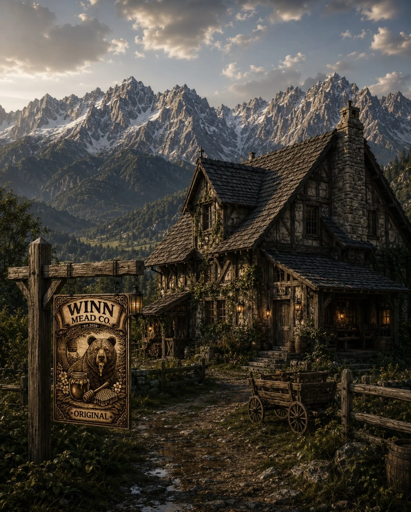 A rustic mountain cabin surrounded by lush greenery with snow-capped mountains in the background, and a sign for Winn Mead Co featuring a bear holding a honey jar.