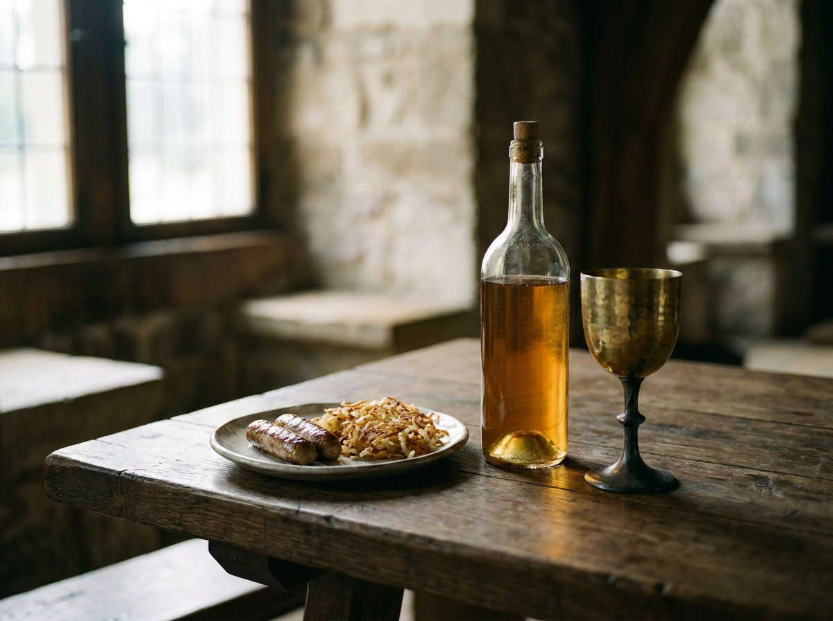 A rustic wooden table with a plate of sausages and sauerkraut, a bottle of beer, and a gold goblet in a cozy, old-fashioned room with brick walls and large windows.