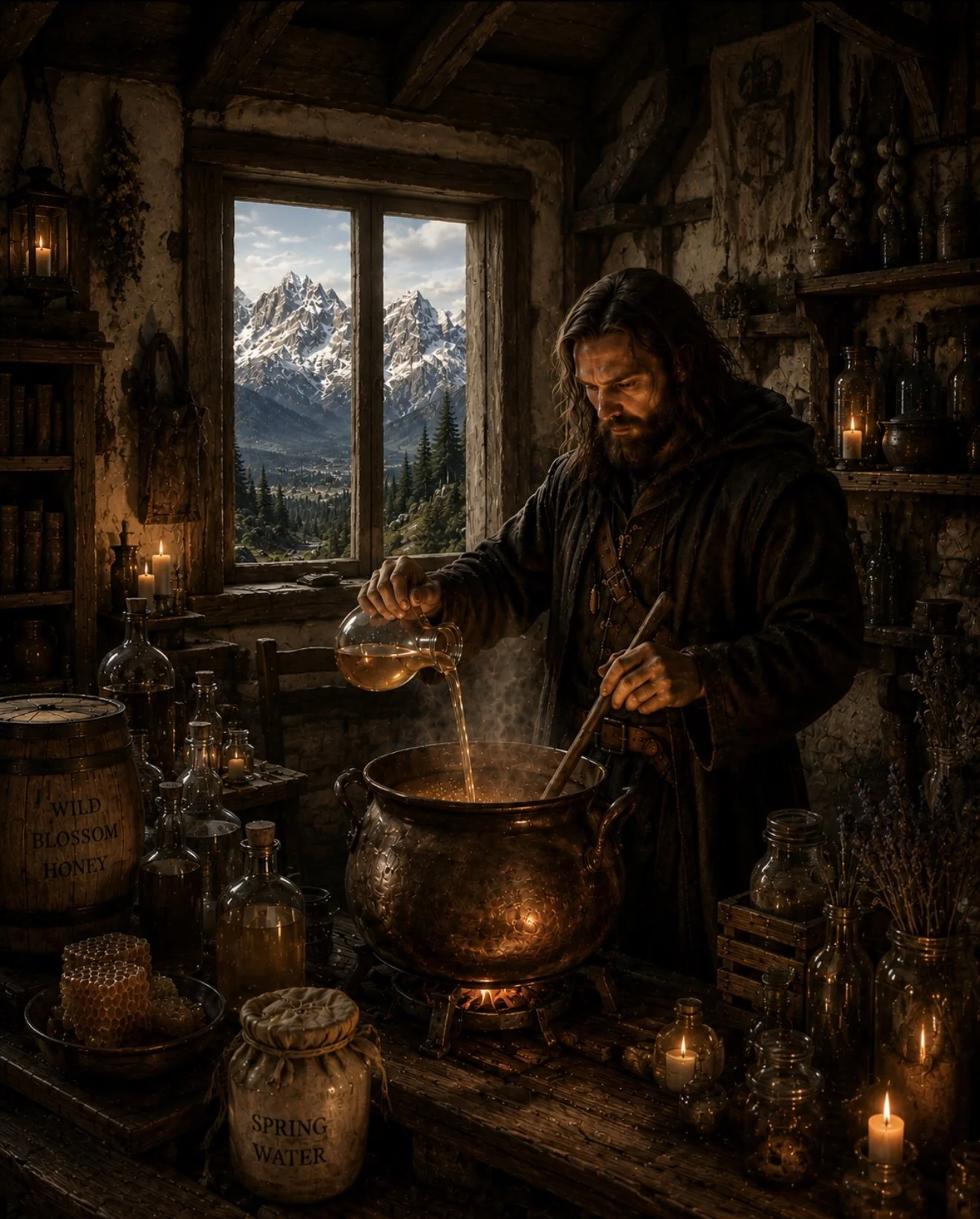 A man with long hair and beard in medieval-style attire pouring a liquid into a large copper cauldron inside a rustic wooden room. The room is filled with glass bottles, candles, and honey jars, with a window showing snow-capped mountains and pine trees outside.