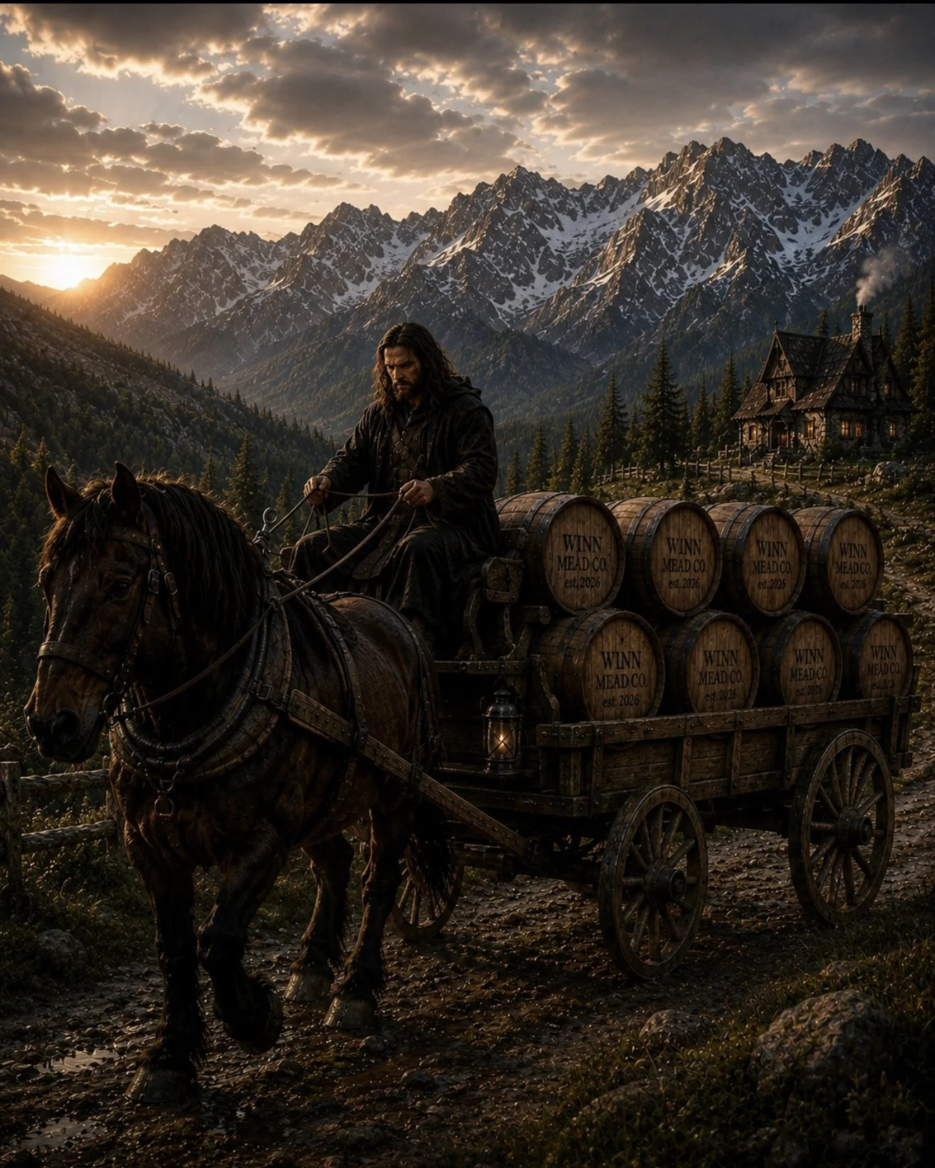 A man riding a horse-drawn wagon filled with barrels labeled 'Winn Mead Co. Est. 2026' through a mountainous landscape at sunset. Snow-capped mountains and a rustic house are visible in the background.