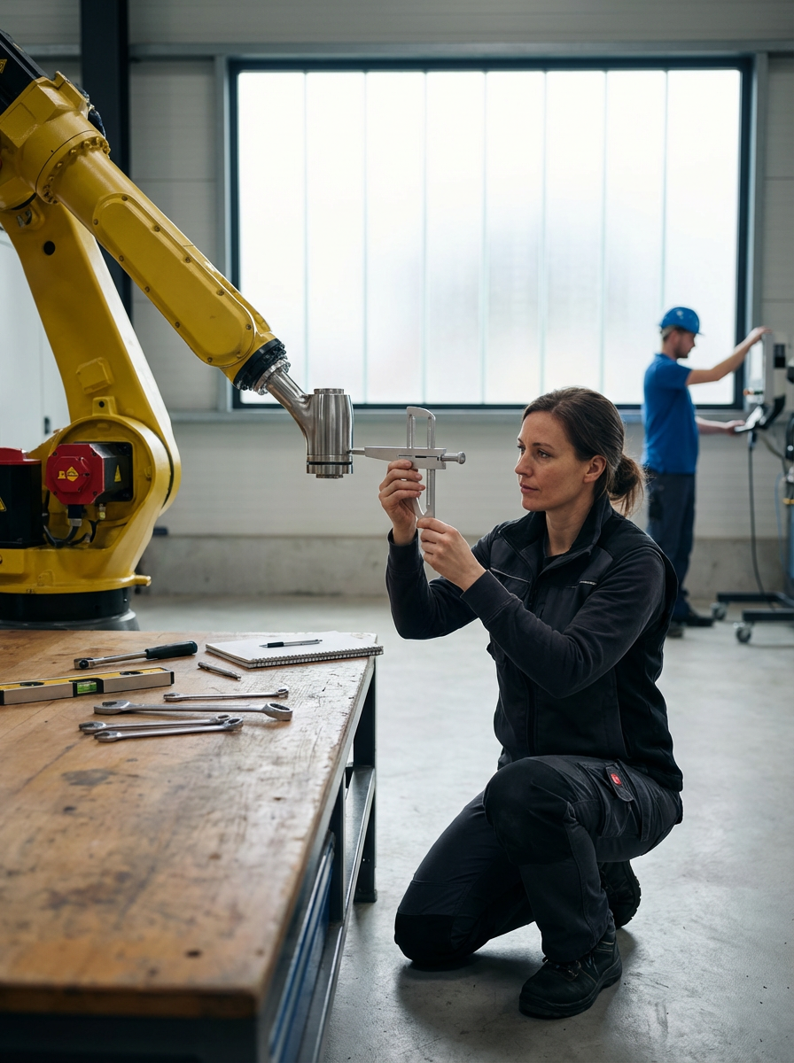Mujer trabajando con un robot en un taller industrial, ajustando una pieza con un calibrador, mientras otra persona trabaja en una estación en el fondo.