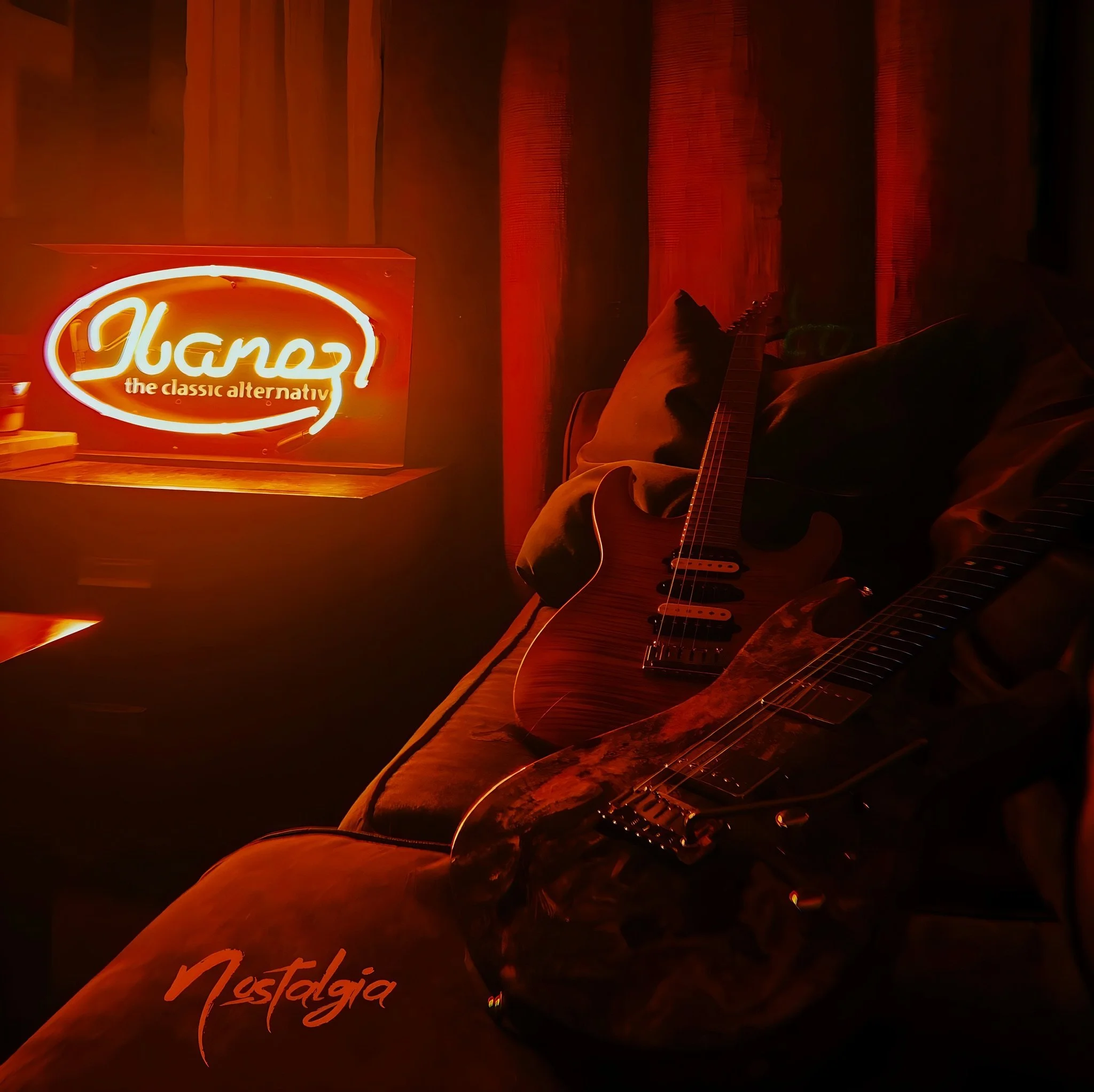 Neon sign that says 'Nostalgia: the classic alternative' with a dark red background and a man playing an acoustic guitar.