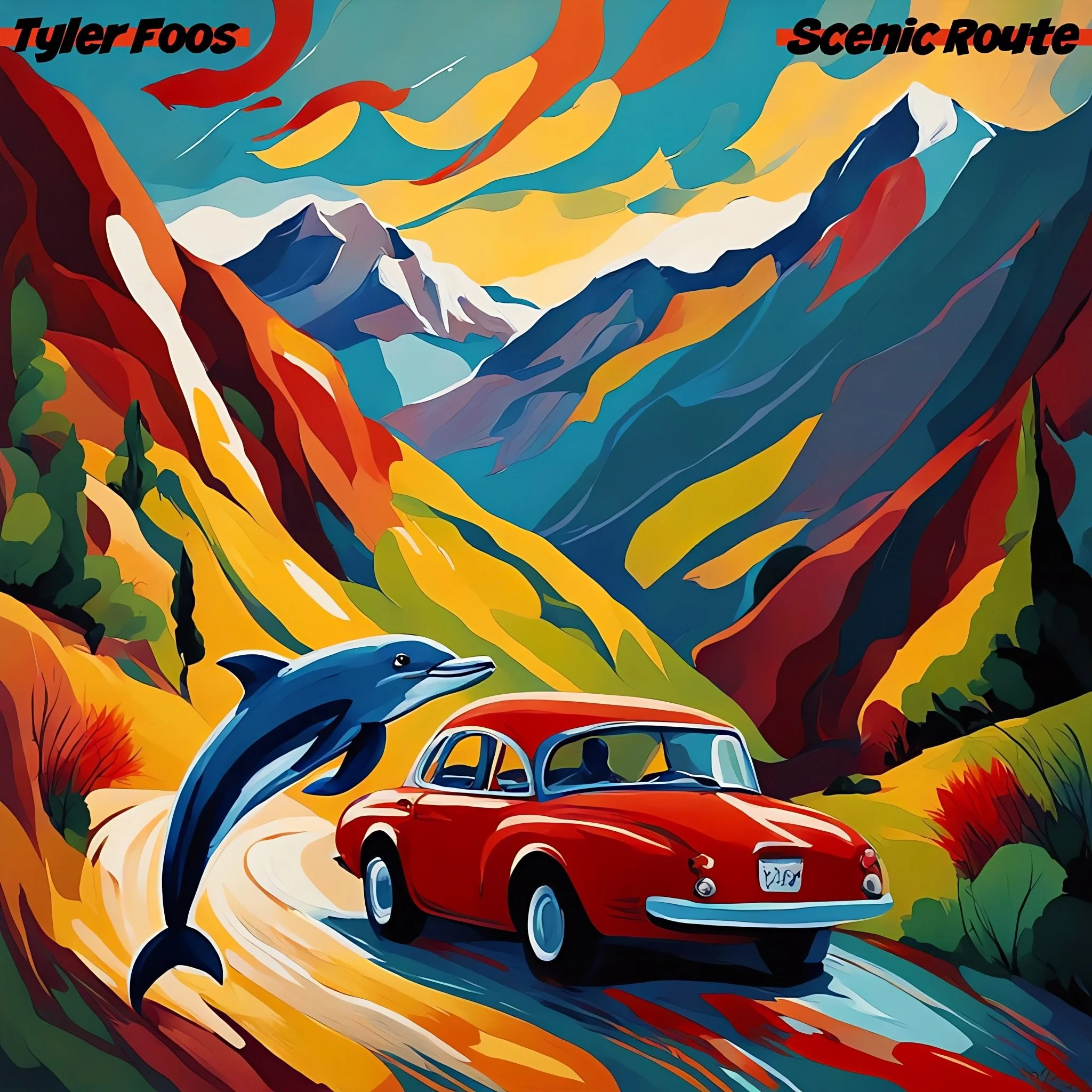 Colorful abstract painting of a red vintage Volkswagen Beetle car driving on a winding mountain road through a vivid landscape with mountains, trees, and a dramatic sky.