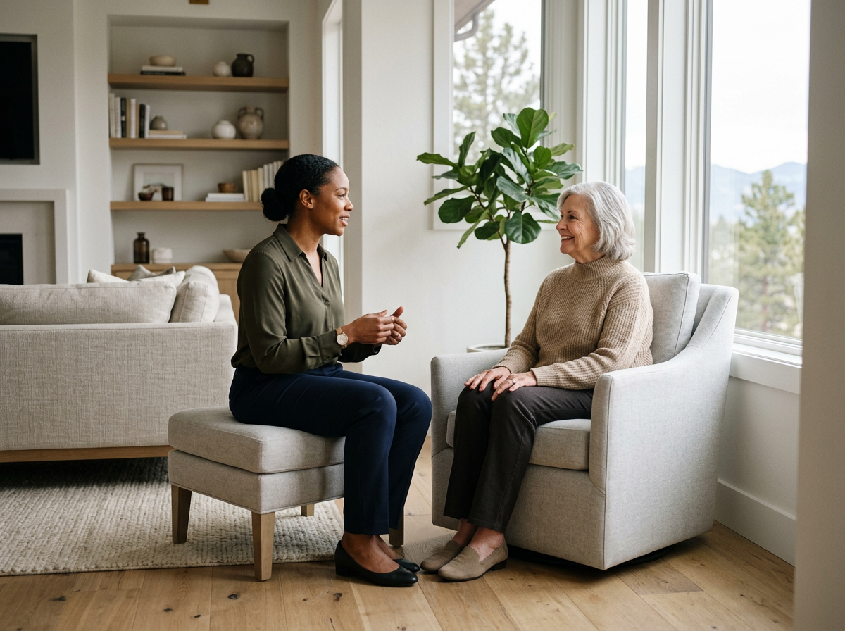 Two women having a conversation in a bright living room near a window, with one sitting on a chair and the other on an ottoman, and a potted plant nearby.