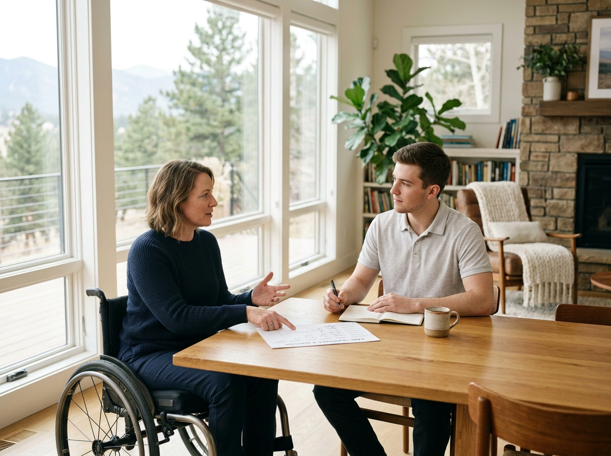 A woman in a wheelchair and a man sit at a wooden table engaged in conversation, with large windows and a view of trees and mountains behind them.