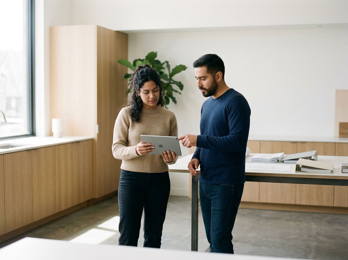 A man and a woman standing in a modern office, looking at a tablet device together.