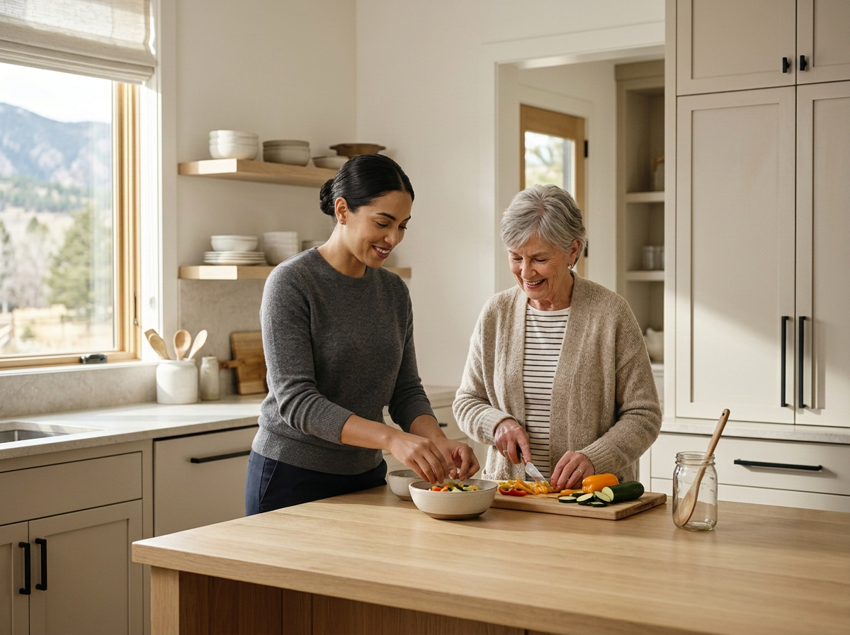 A young woman and an elderly woman preparing vegetables in a bright, modern kitchen with white cabinets, a wooden countertop, and open shelves with dishes. They are smiling and chopping vegetables on a wooden cutting board.