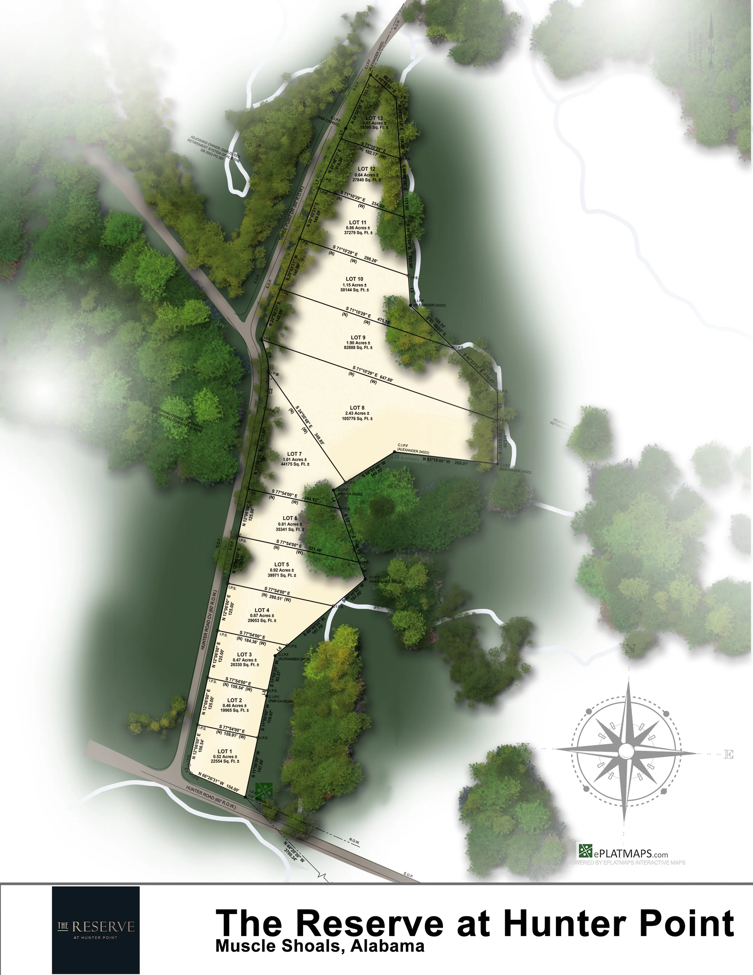 A detailed map of The Reserve at Hunter Point in Muscle Shoals, Alabama, showing land lots, roads, and natural features with surrounding trees and water bodies.