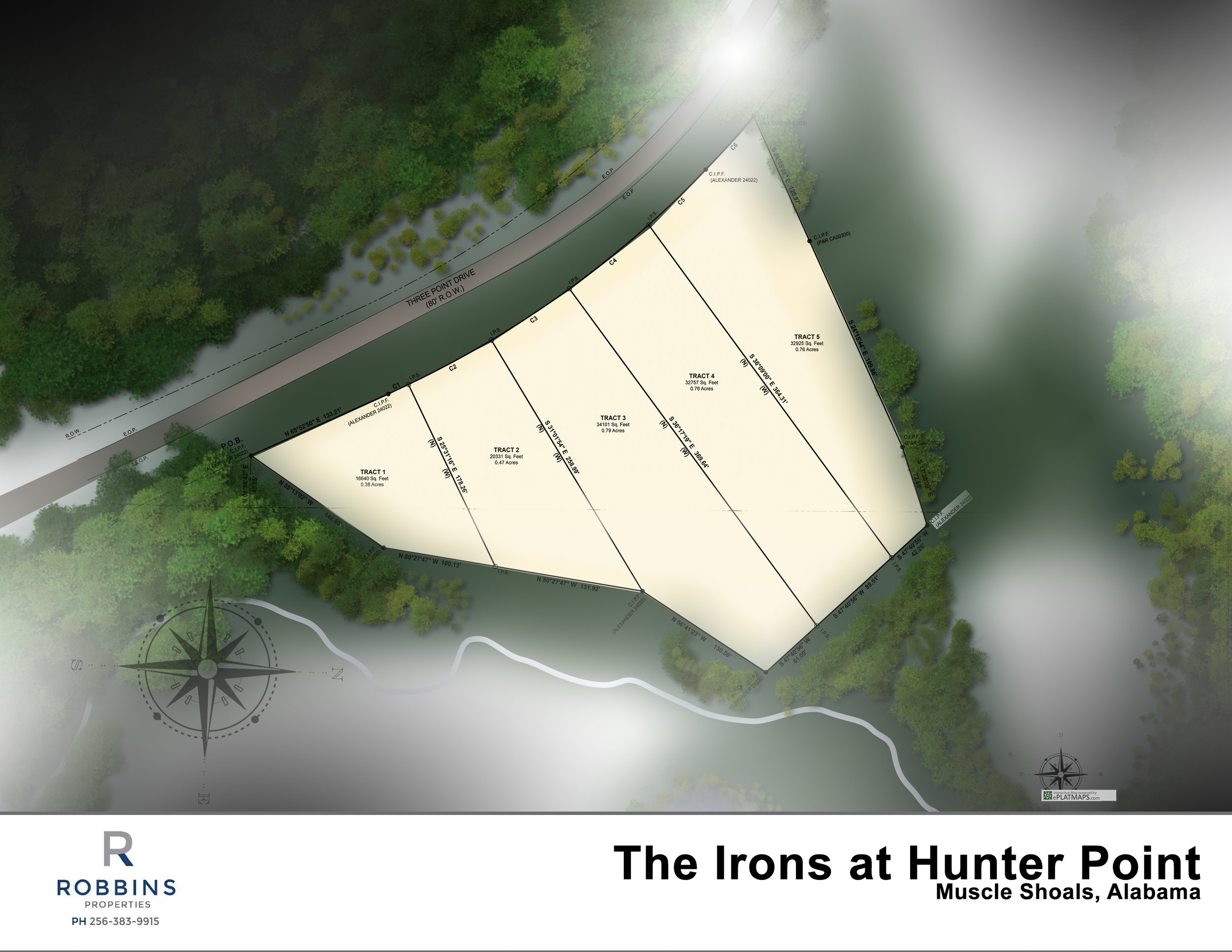 A detailed map of Hunter Point in Muscle Shoals, Alabama, showing plots, roads, and natural surroundings, including a compass rose for orientation.