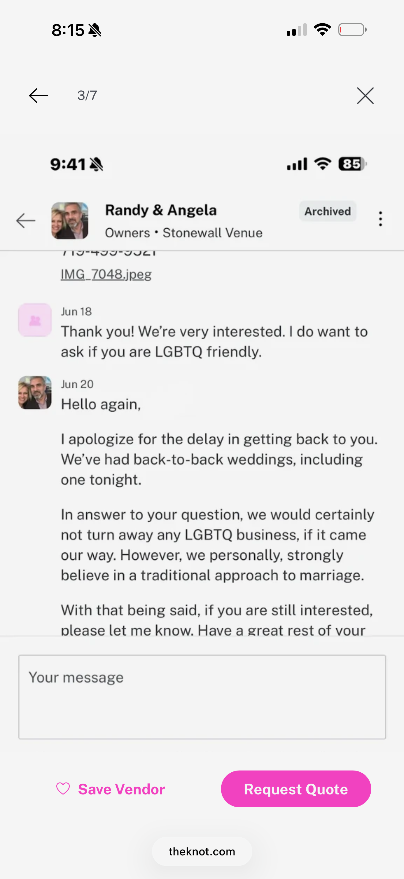 A screenshot of a mobile messaging conversation regarding an LGBTQ-friendly event, with options to save the vendor or request a quote, and a website link at the bottom.