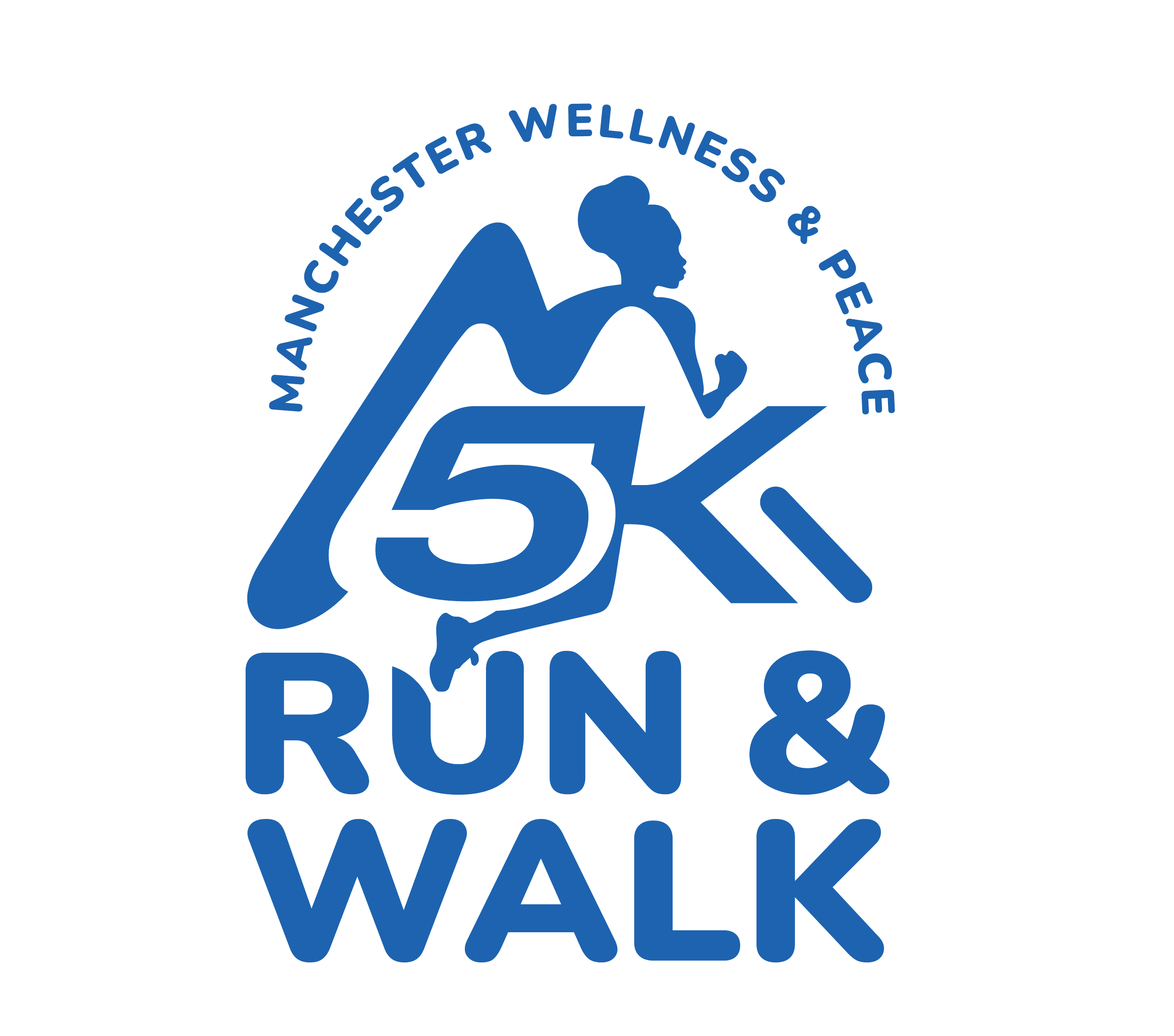 Blue logo for Manhattan Chester Wellness & P.E. & Bynum, featuring a stylized running woman and words 'WALK' and 'RUN'.