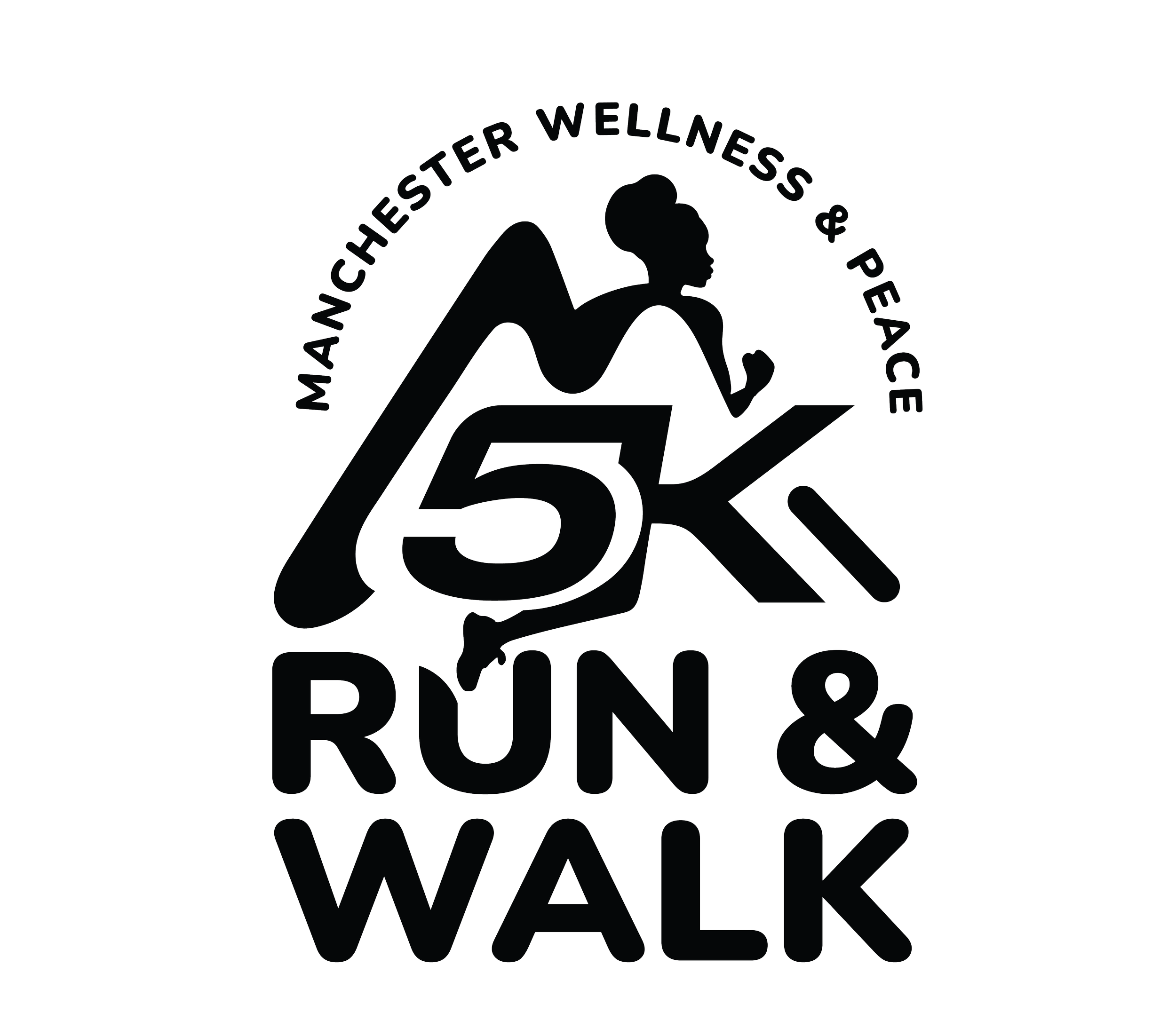 Line art illustration of a woman running, with the words "Wander Wellness & Peak & Run" arranged in a circular pattern around her, and a mountain silhouette behind her.