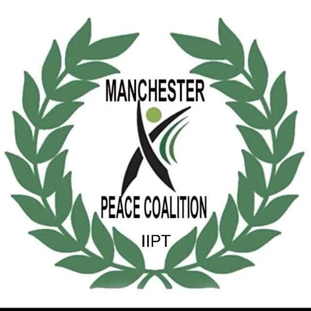 Logo for Manchester Peace Coalition with a green laurel wreath, stylized human figure, and text.