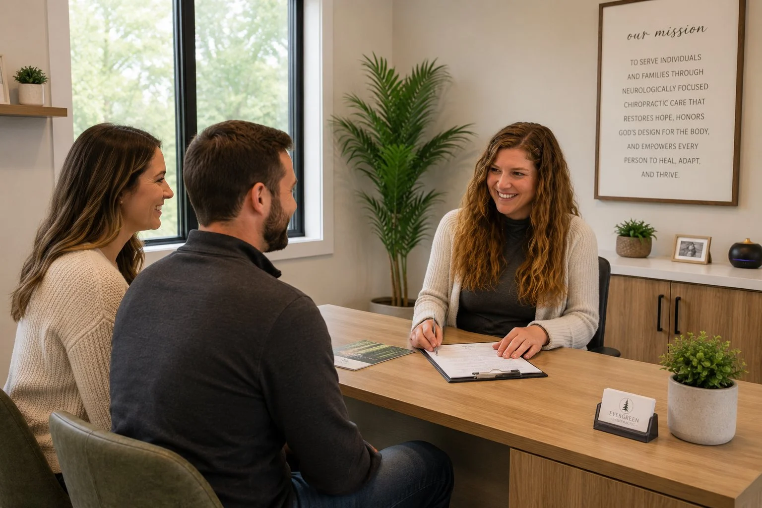 A woman in a white cardigan and black top smiling while talking to a man and woman seated at a wooden desk during a conversation or interview in a well-lit, modern office space with potted plants and a framed mission statement on the wall.