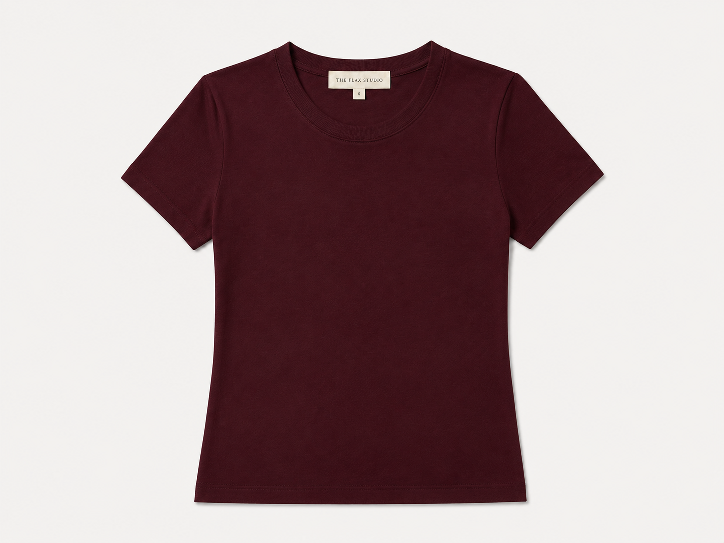 Flat lay of The Flax Studio chocolate mercerised cotton T-shirt with a crew neckline and short sleeves.