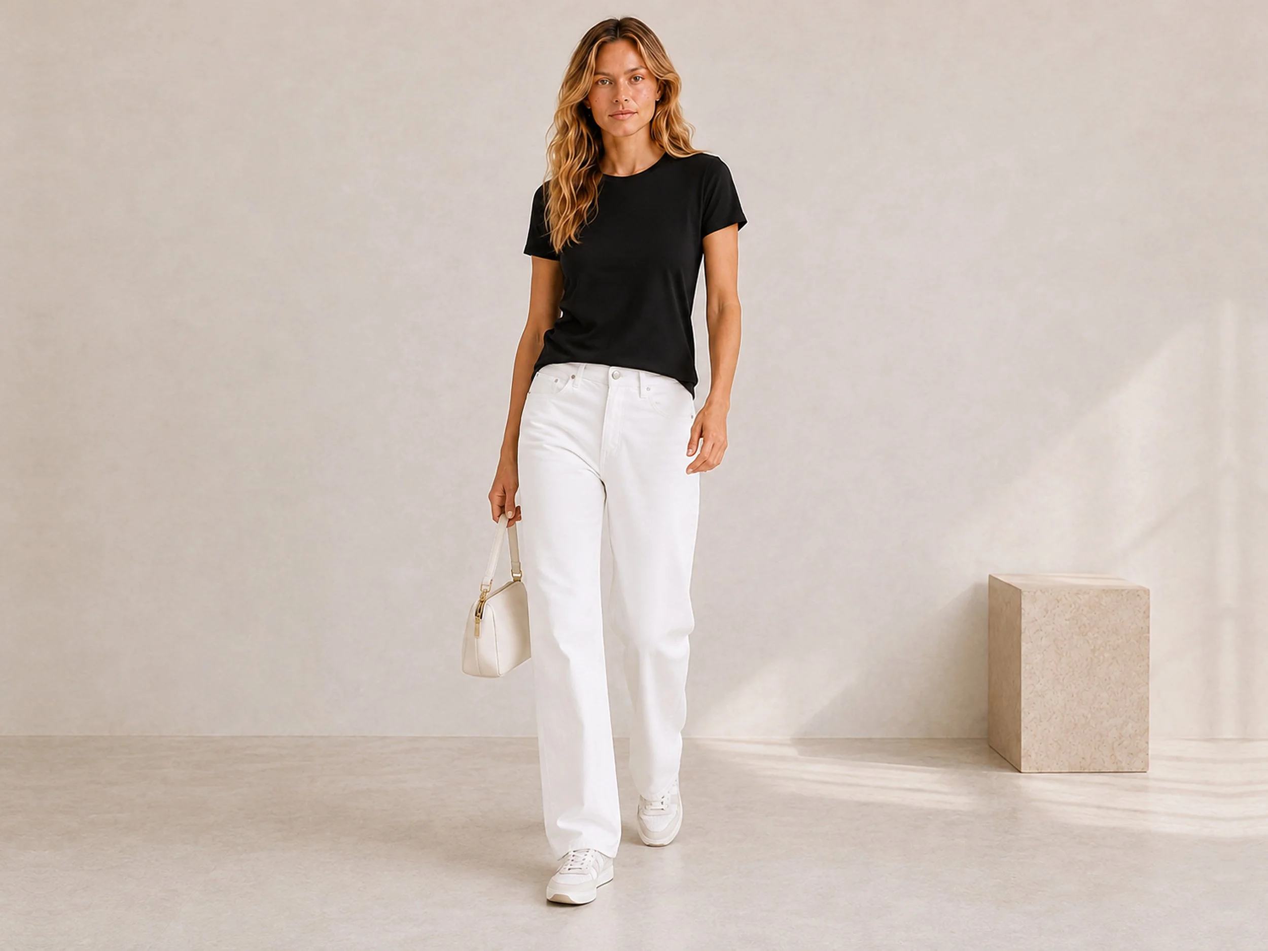 The Flax Studio black mercerised cotton T-shirt in a relaxed standing pose, styled with white trousers.