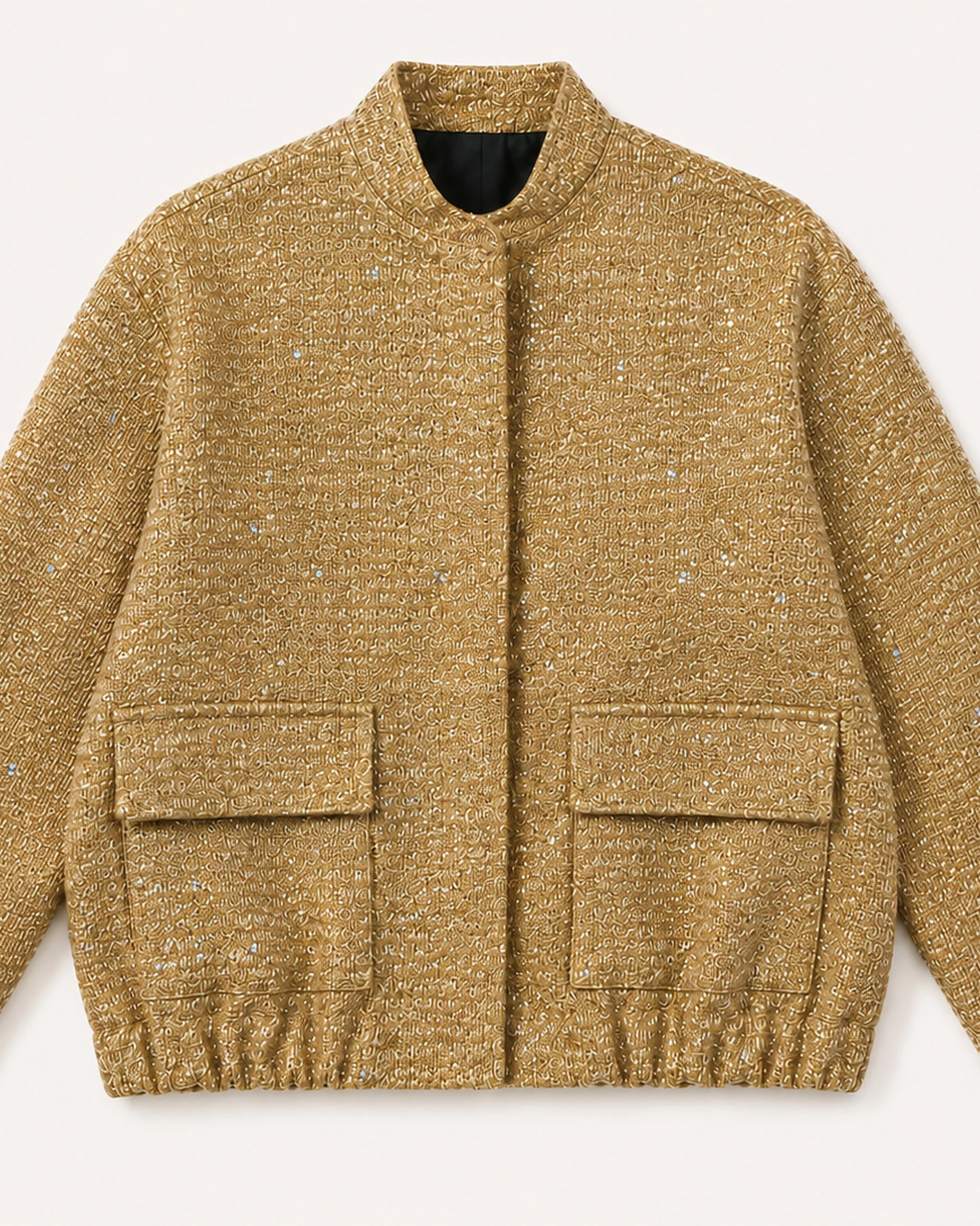 Flat lay of The Flax Studio Textured Gold Jacket, showing the stand collar and front flap details.