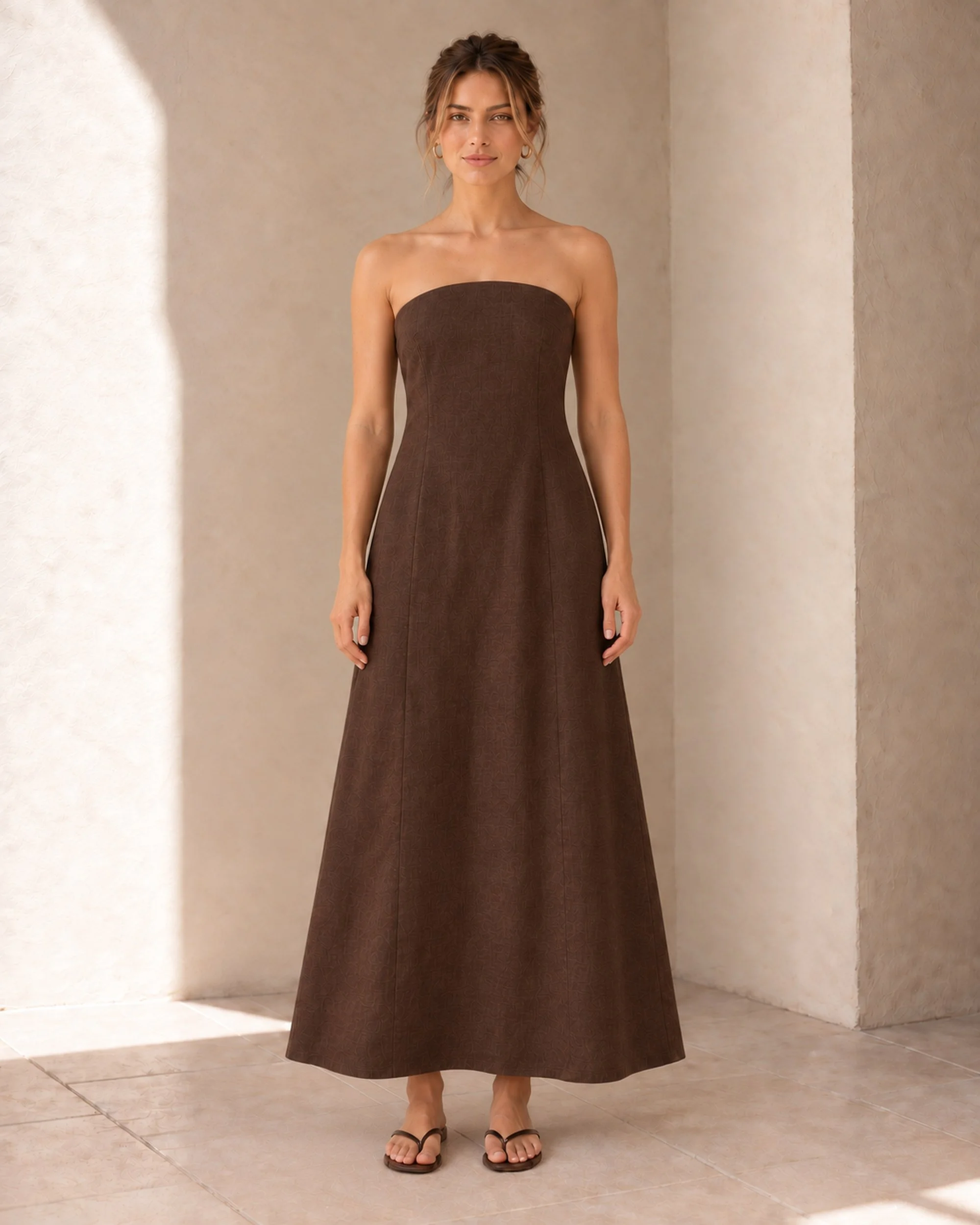 Full front view of the Chocolate Strapless Linen Dress, showing the softly curved neckline and relaxed maxi-length fit.