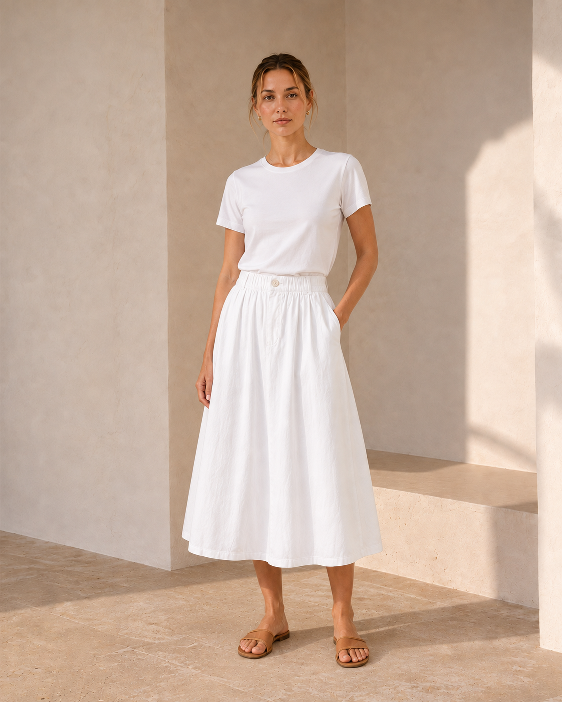 The Flax Studio white Button Front Skirt styled with a white T-shirt, showing its gathered waist and flowing midi silhouette.