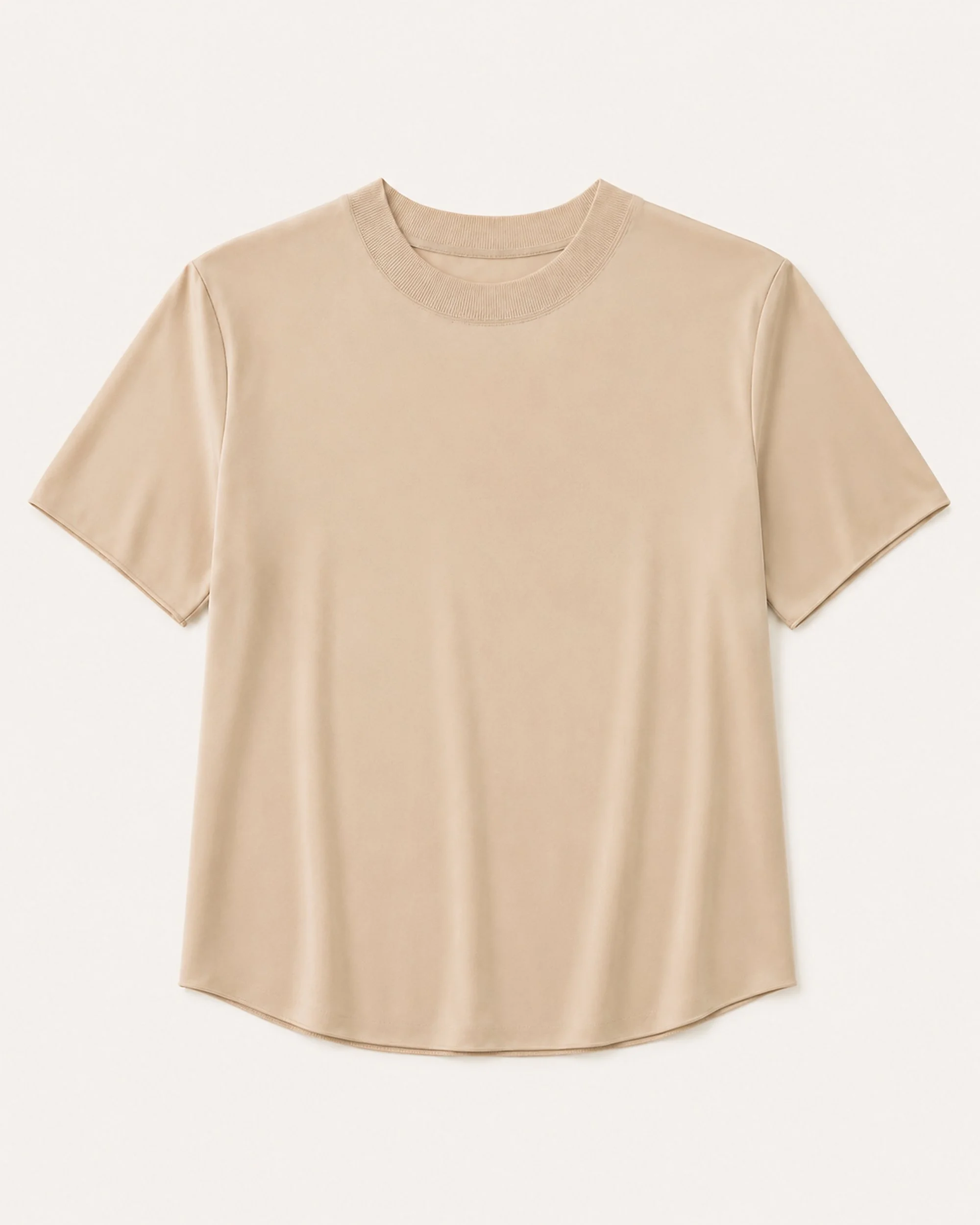 Flat lay of The Flax Studio beige Silk Crew Neck Top with a round neckline and short sleeves.