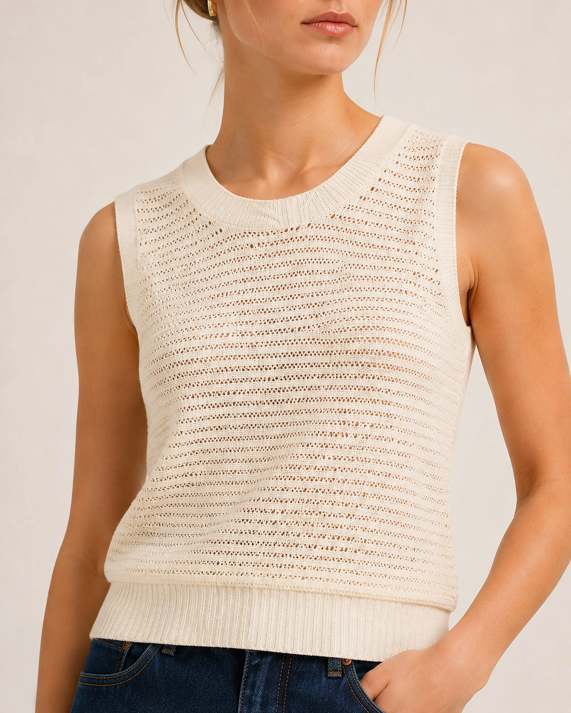 Close-up of The Flax Studio cream Open-Knit Silk-Cotton Tank, showing the crew neckline and airy knit texture.