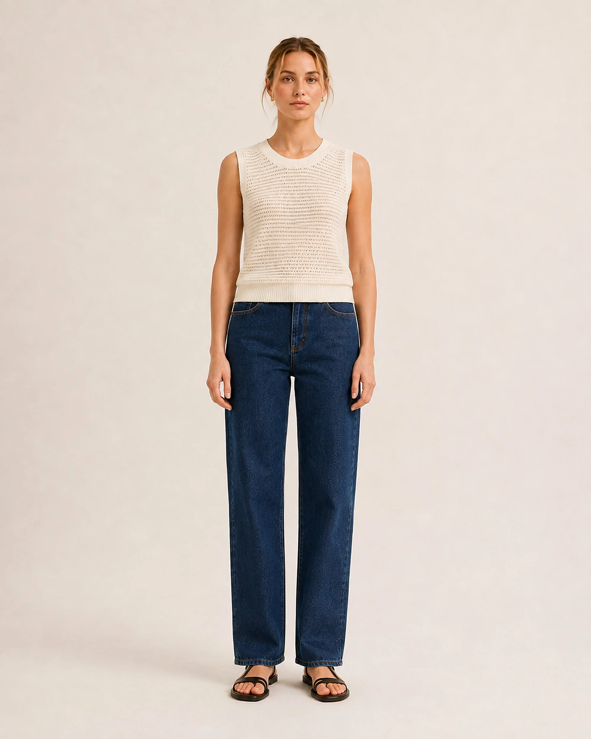 The Flax Studio cream Open-Knit Silk-Cotton Tank styled with dark blue jeans.