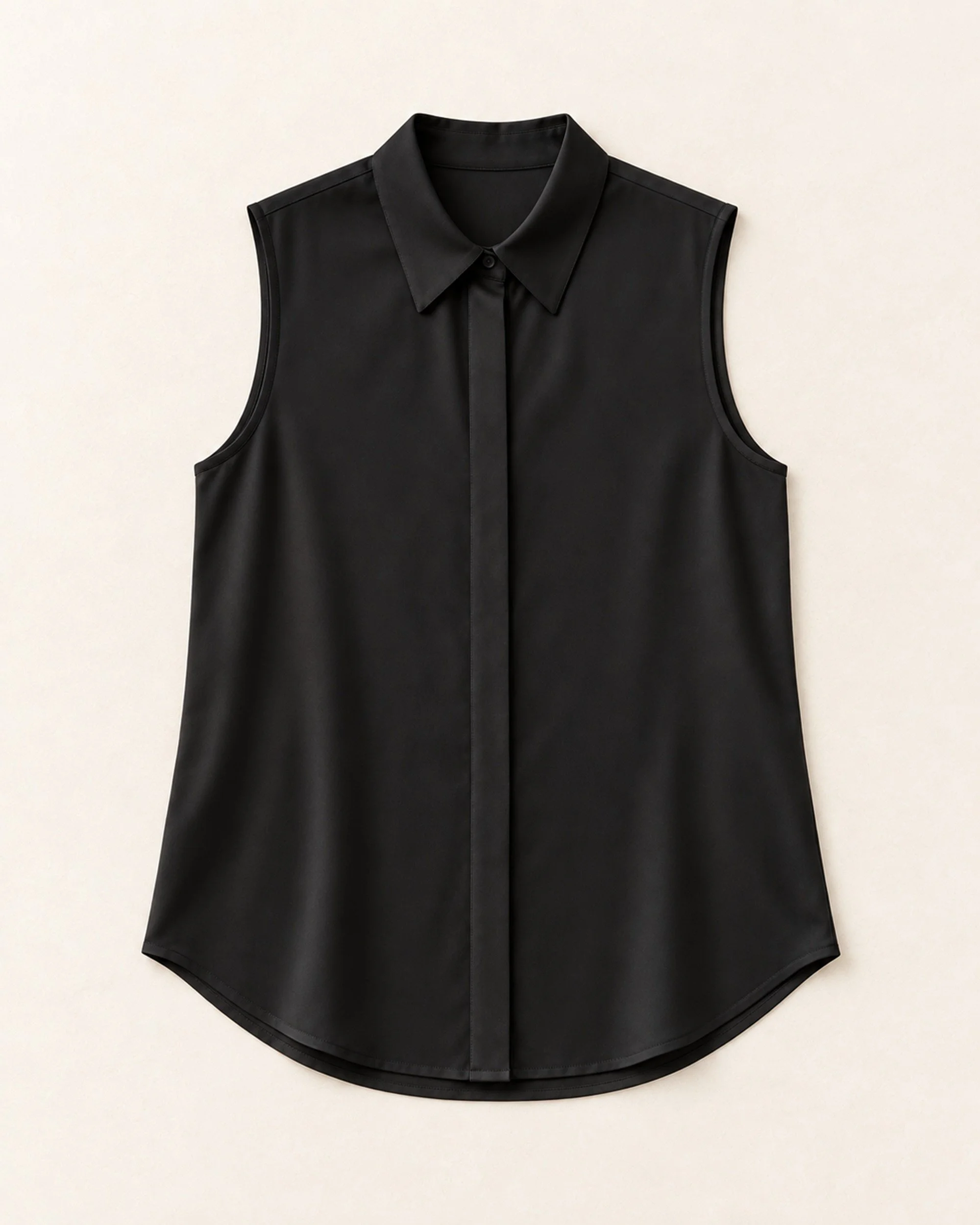 Flat lay of the black mulberry silk sleeveless blouse, showing its pointed collar, concealed button front and curved shirttail hem.