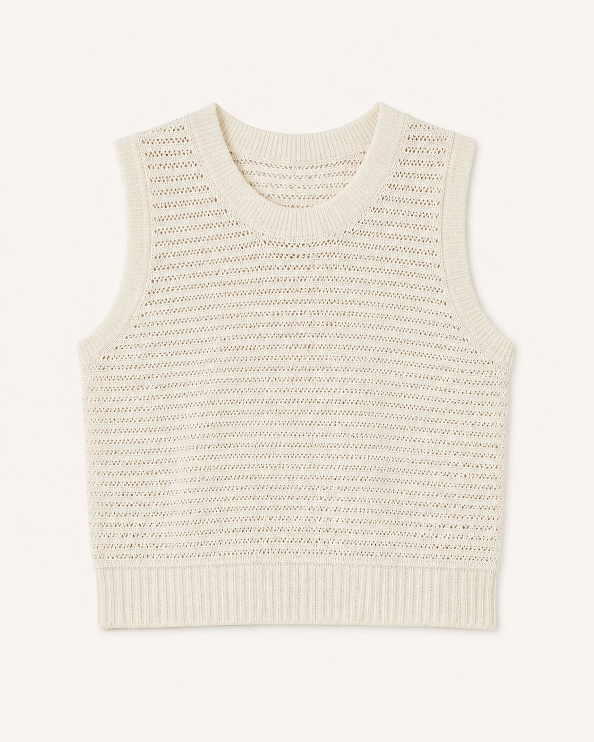 Flat lay of The Flax Studio cream Open-Knit Silk-Cotton Tank with ribbed neckline, armholes and hem.
