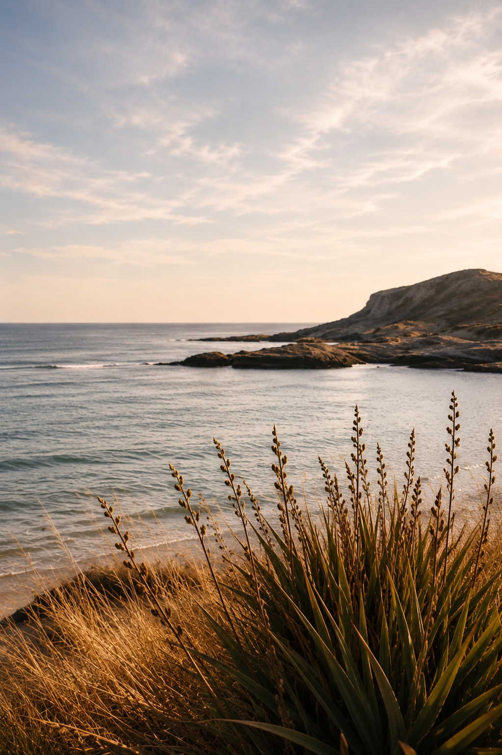 Golden coastal landscape overlooking calm ocean water, rocky headland and native grasses at sunset.