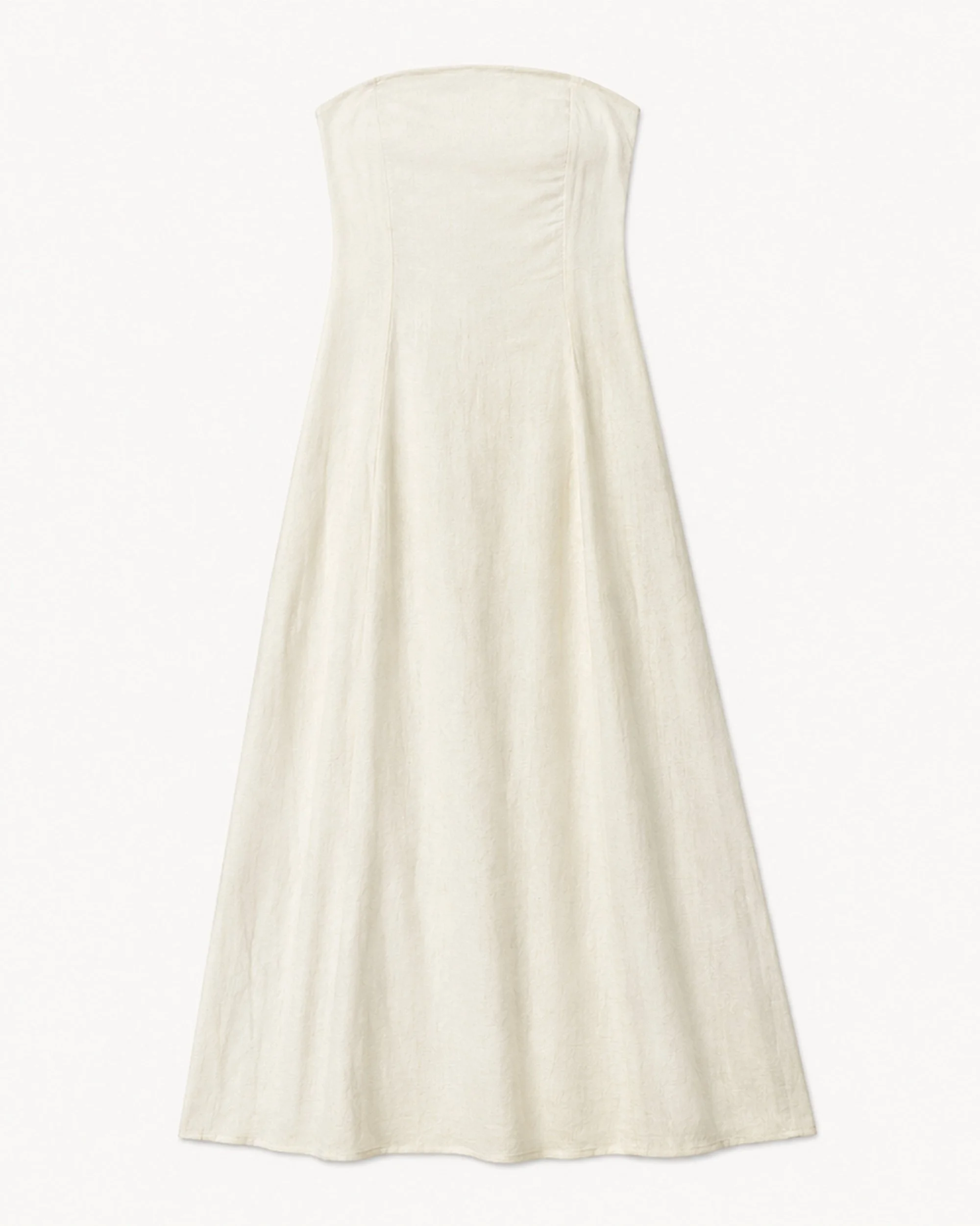 Detail of the Sand Strapless Linen Dress showing the natural linen-cotton texture and softly flared skirt.