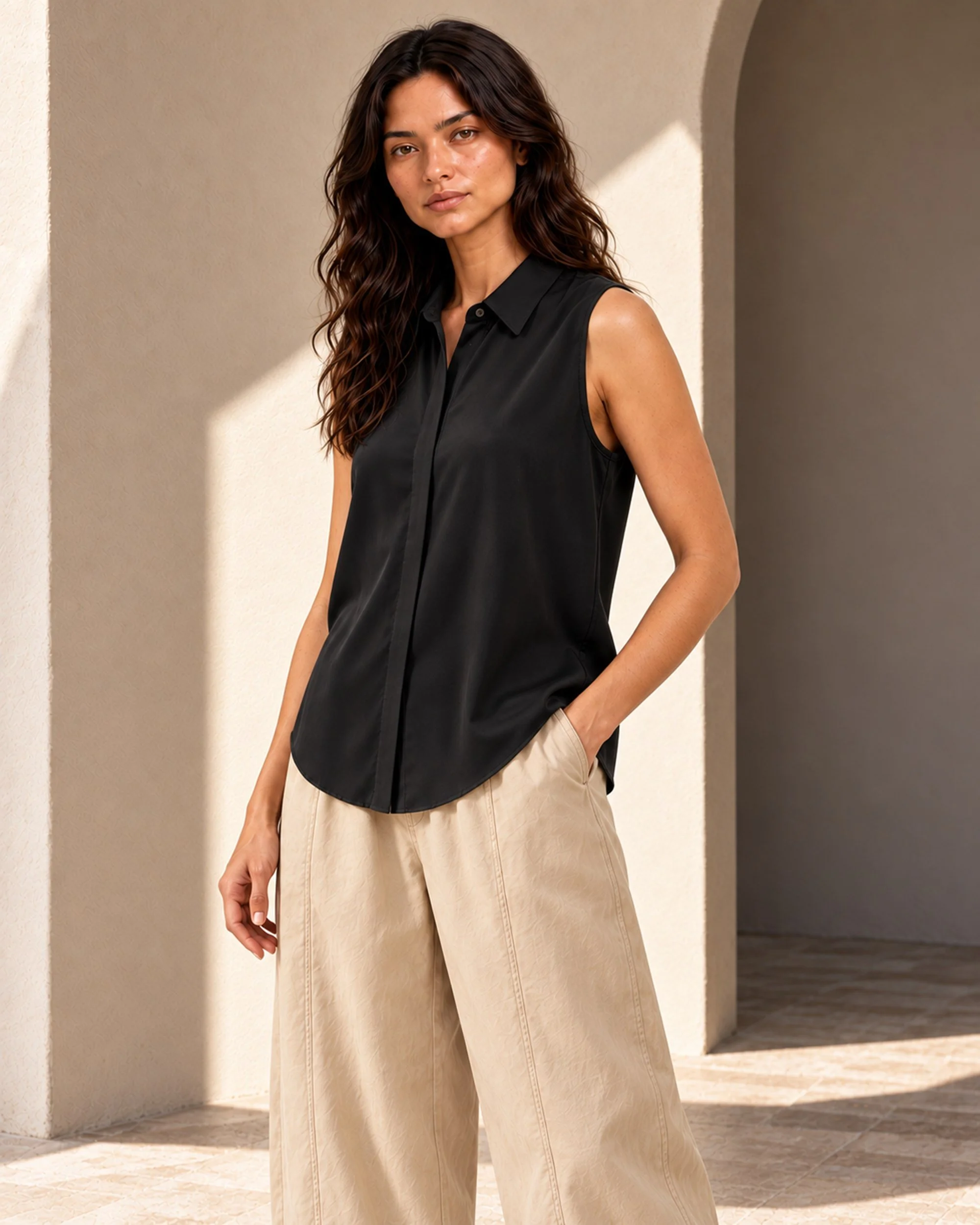 Three-quarter view of a model wearing the black mulberry silk sleeveless blouse, showing its fluid fit and curved front hem.