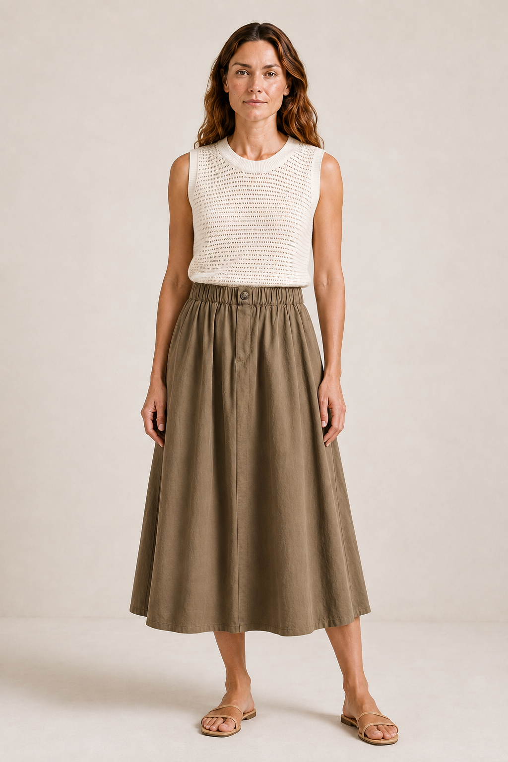 Khaki colour option of The Flax Studio Button Front Skirt, styled with a cream open-knit sleeveless top.