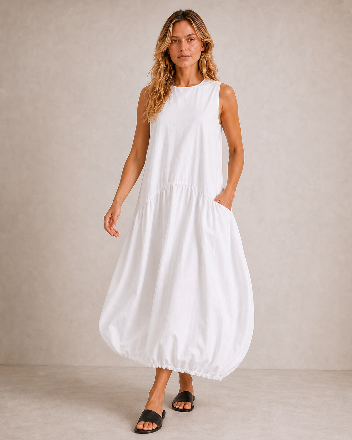 The Flax Studio white Arc Dress, showing its sleeveless bodice and softly rounded cotton skirt.