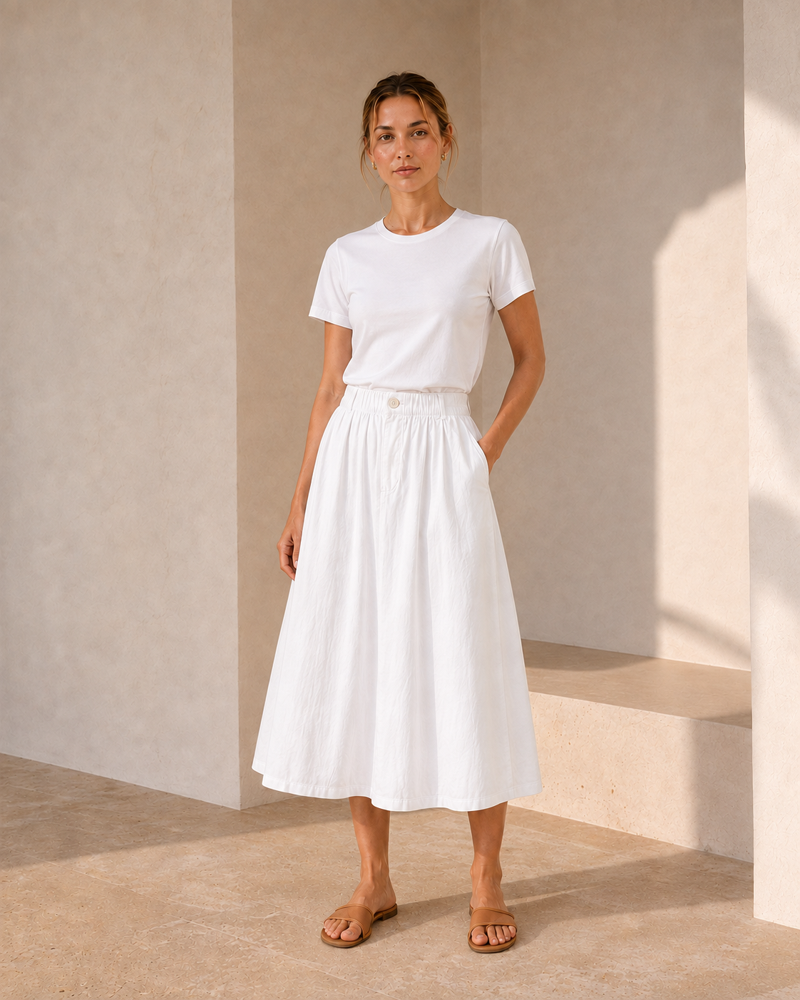 White colour option of The Flax Studio Button Front Skirt styled with a white T-shirt.