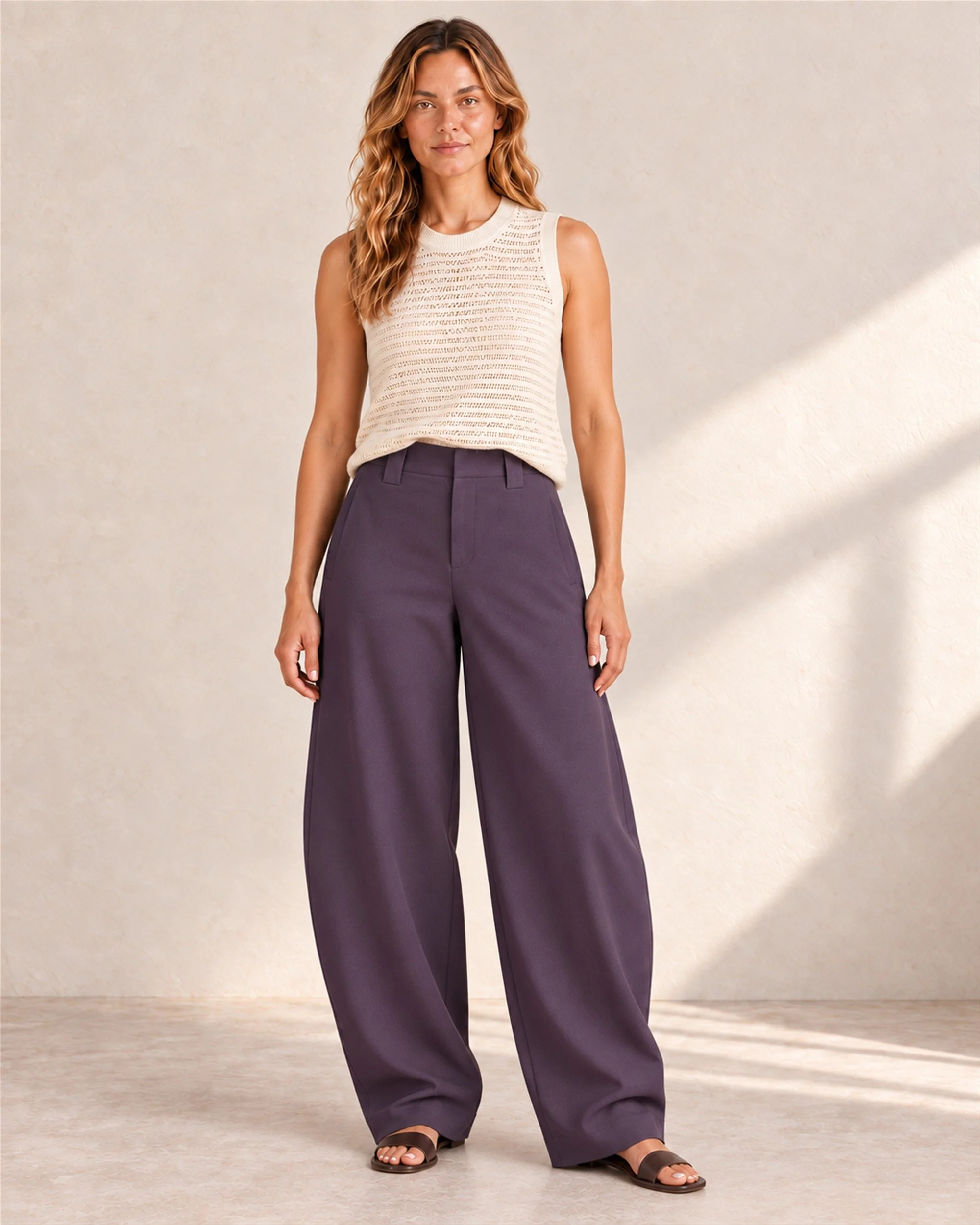 Aubergine Fluid Pant, straight-on front view.