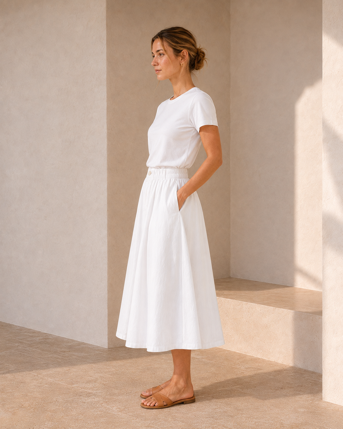 Side view of The Flax Studio white Button Front Skirt, showing its gathered waist and flowing midi shape.