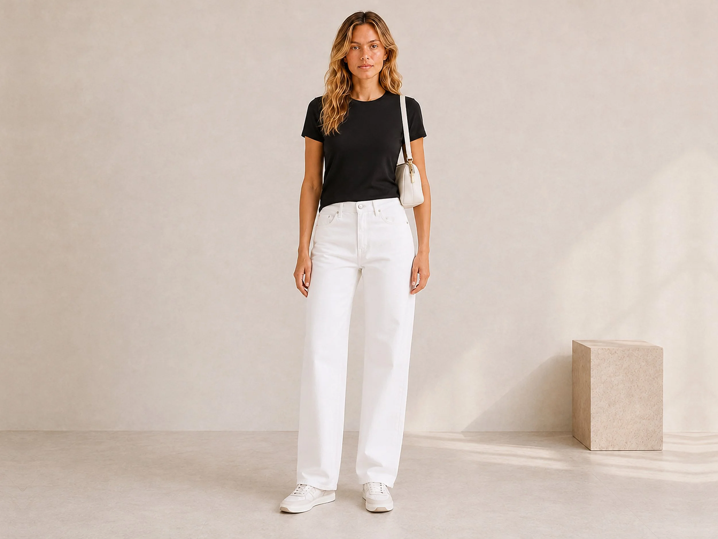 Front view of The Flax Studio black mercerised cotton T-shirt worn with white trousers.