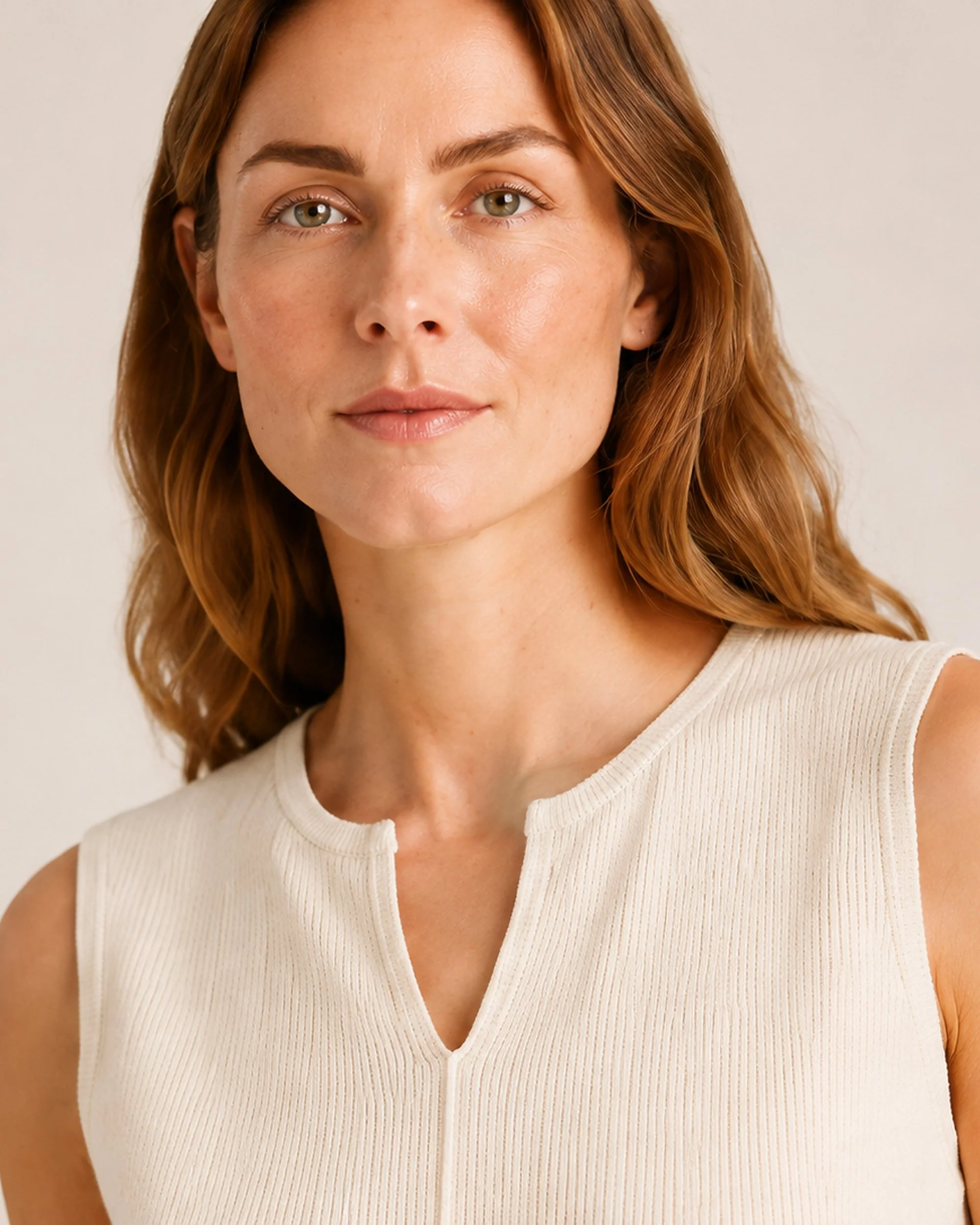 Close-up of The Flax Studio cream Fine Rib Knit Set top, showing its split neckline and fine rib texture.