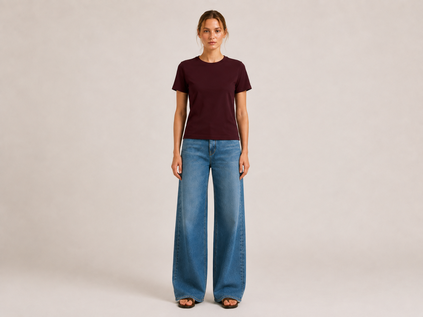 Front view of The Flax Studio chocolate mercerised cotton T-shirt, showing its crew neckline and short sleeves.
