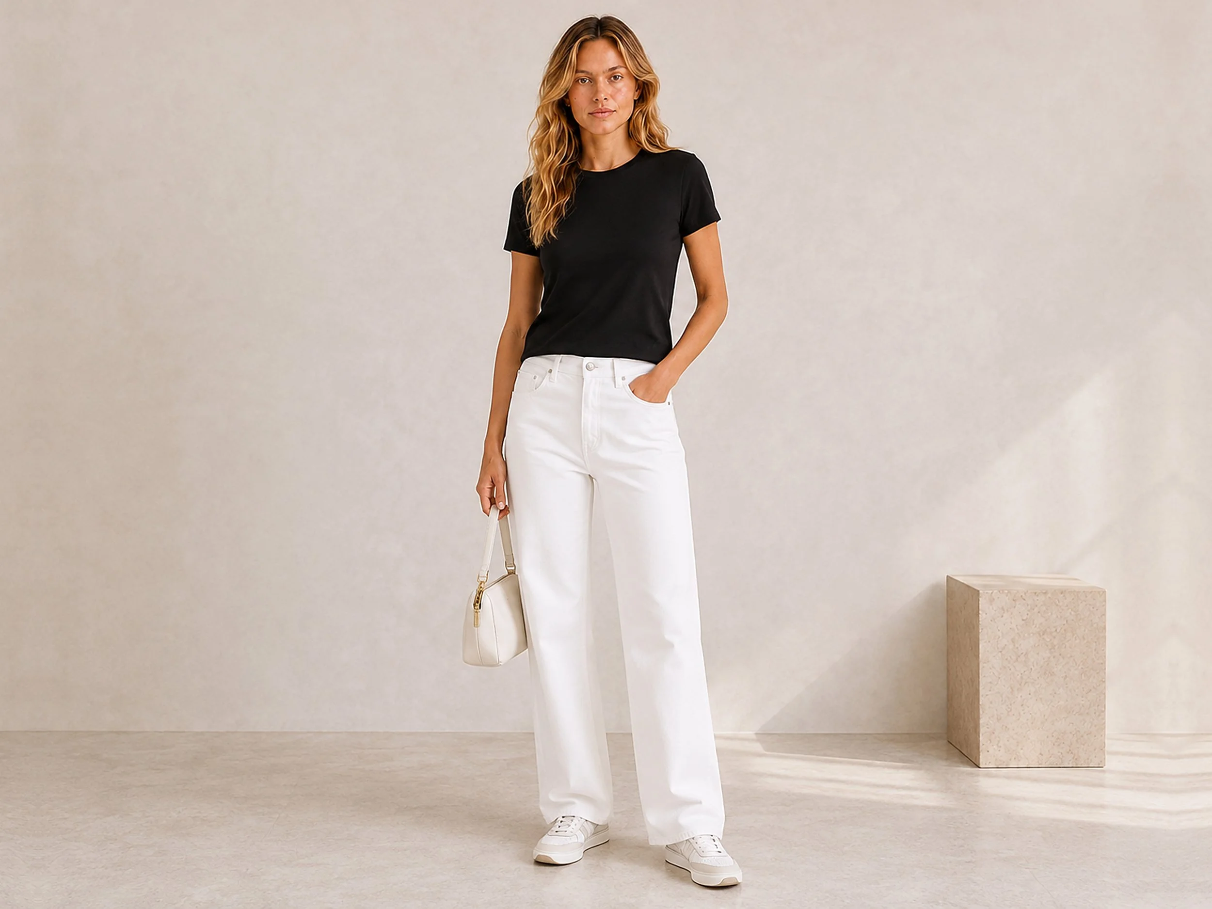 The Flax Studio black mercerised cotton crew-neck T-shirt styled with white trousers.